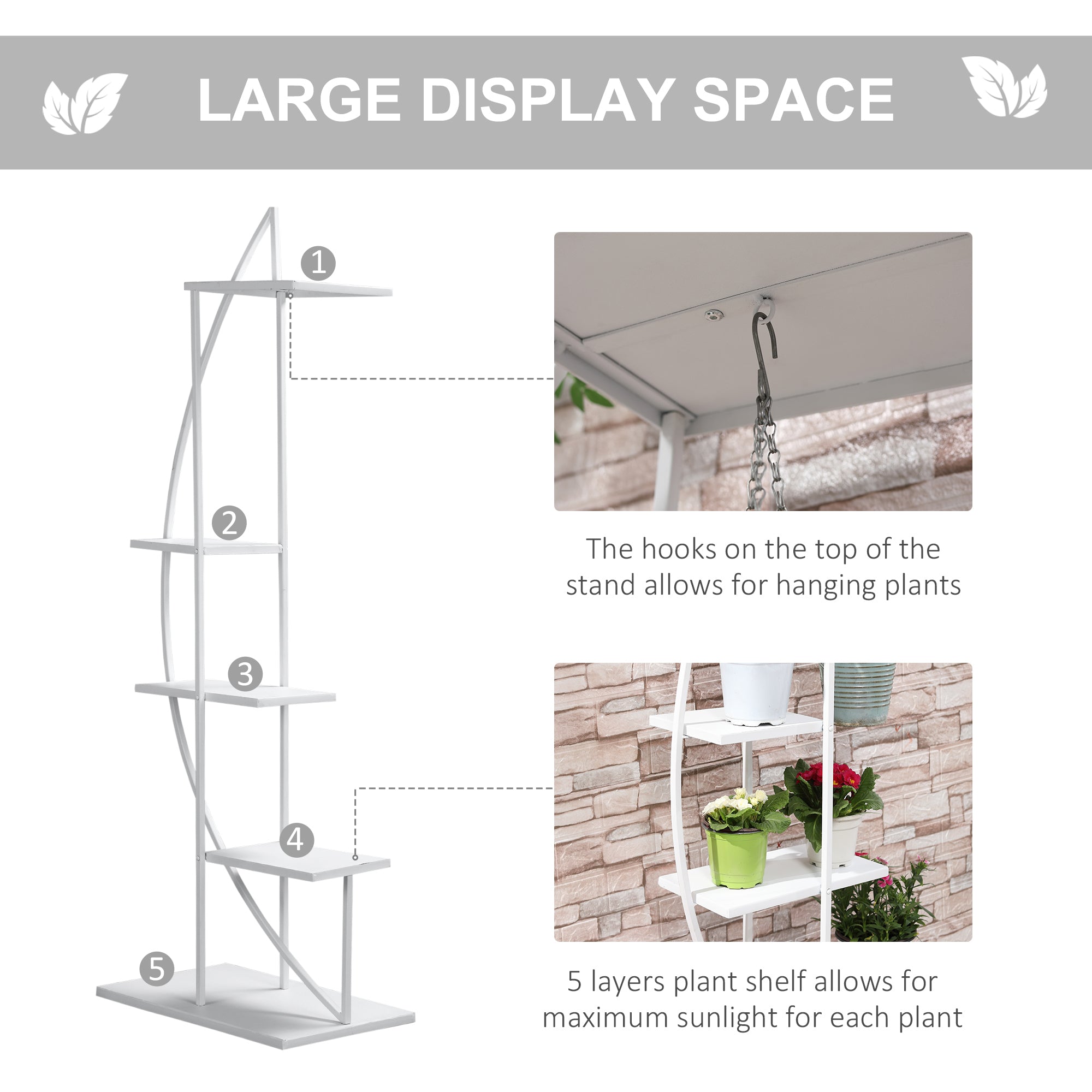 5 Tier Metal Plant Stand with Hangers, Half Moon Shape Flower Pot Display Shelf for Living Room Patio Garden Balcony Decor, White - Tuesday Morning - Pots & Planters