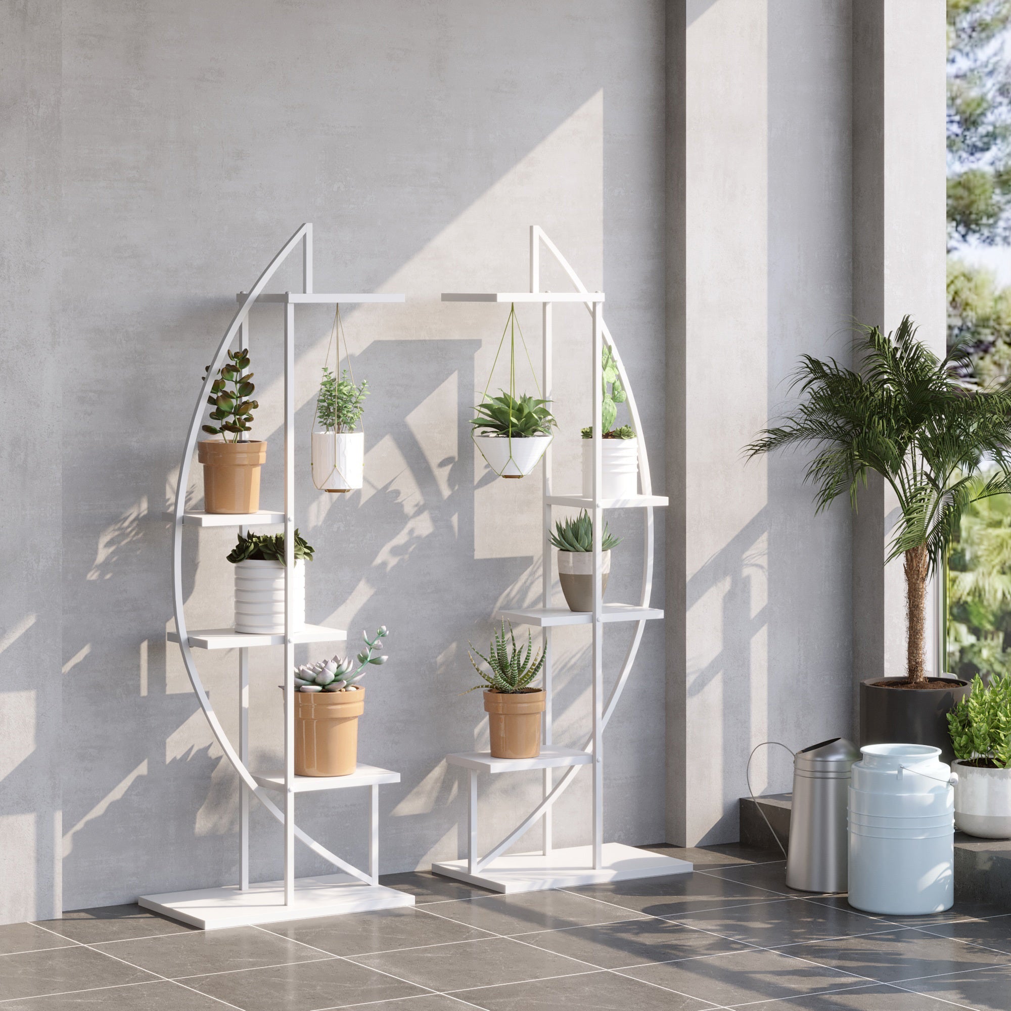 5 Tier Metal Plant Stand with Hangers, Half Moon Shape Flower Pot Display Shelf for Living Room Patio Garden Balcony Decor, White - Tuesday Morning - Pots & Planters