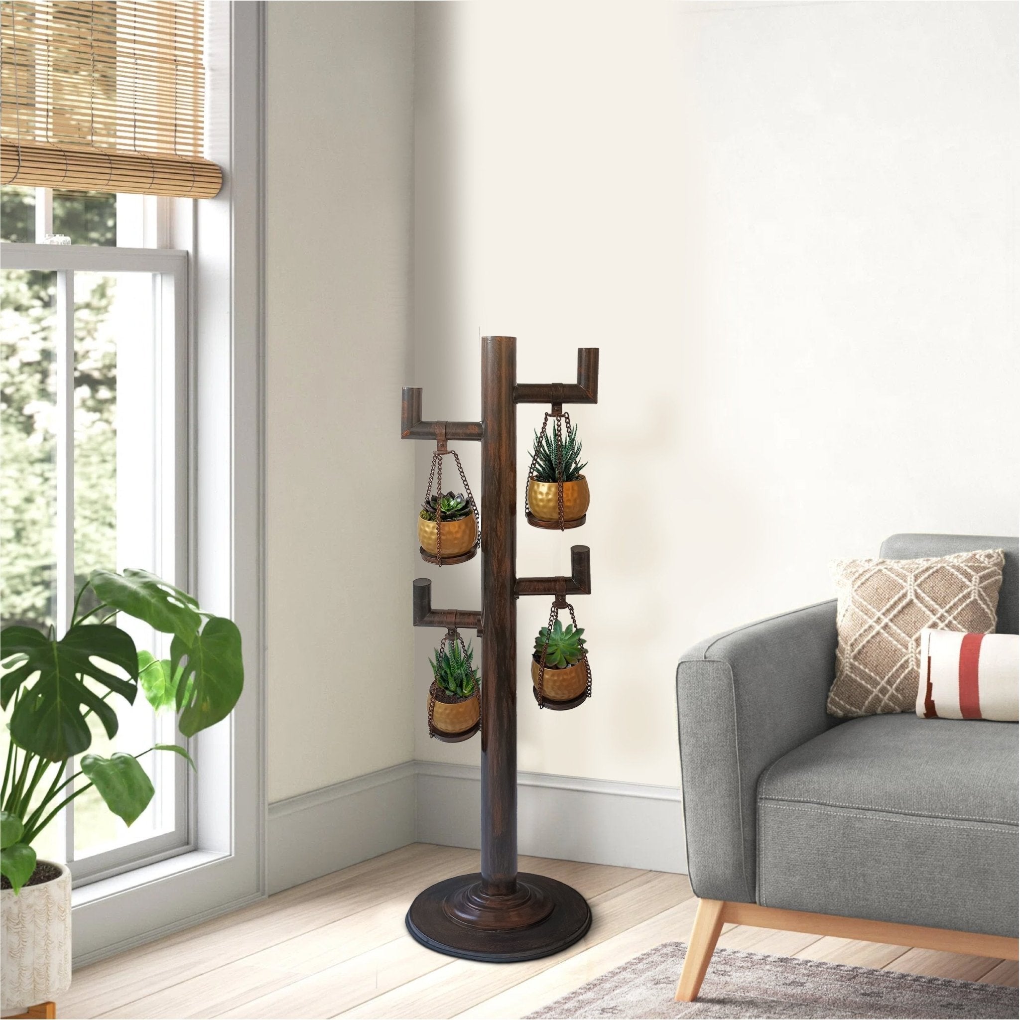 52 Inch Tall Plant Stand with 4 Hanging Pots, Antique Bronze, Gold, Black - Tuesday Morning - Pots & Planters