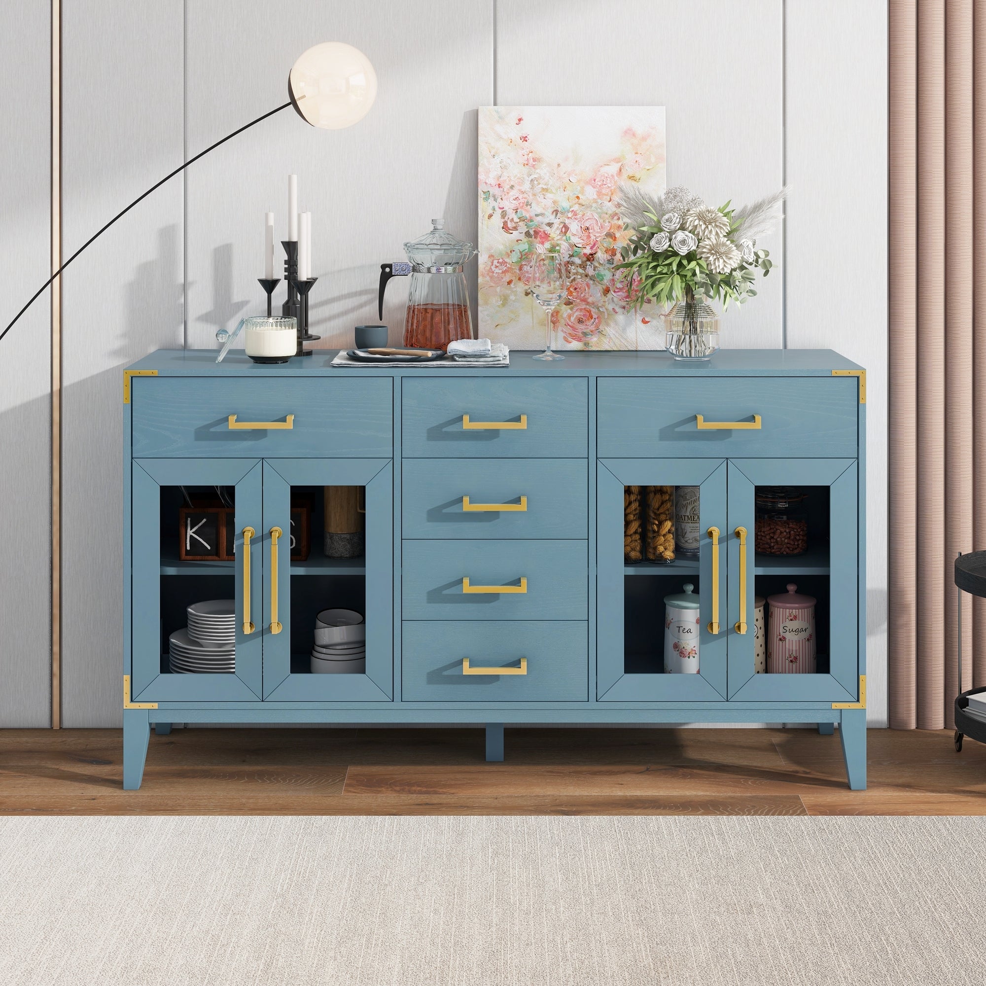 6-drawer and 2-Cabinet Retro Sideboard with Extra Large Storage Space, with Gold Handles and Solid Wood Legs (Antique Blue)