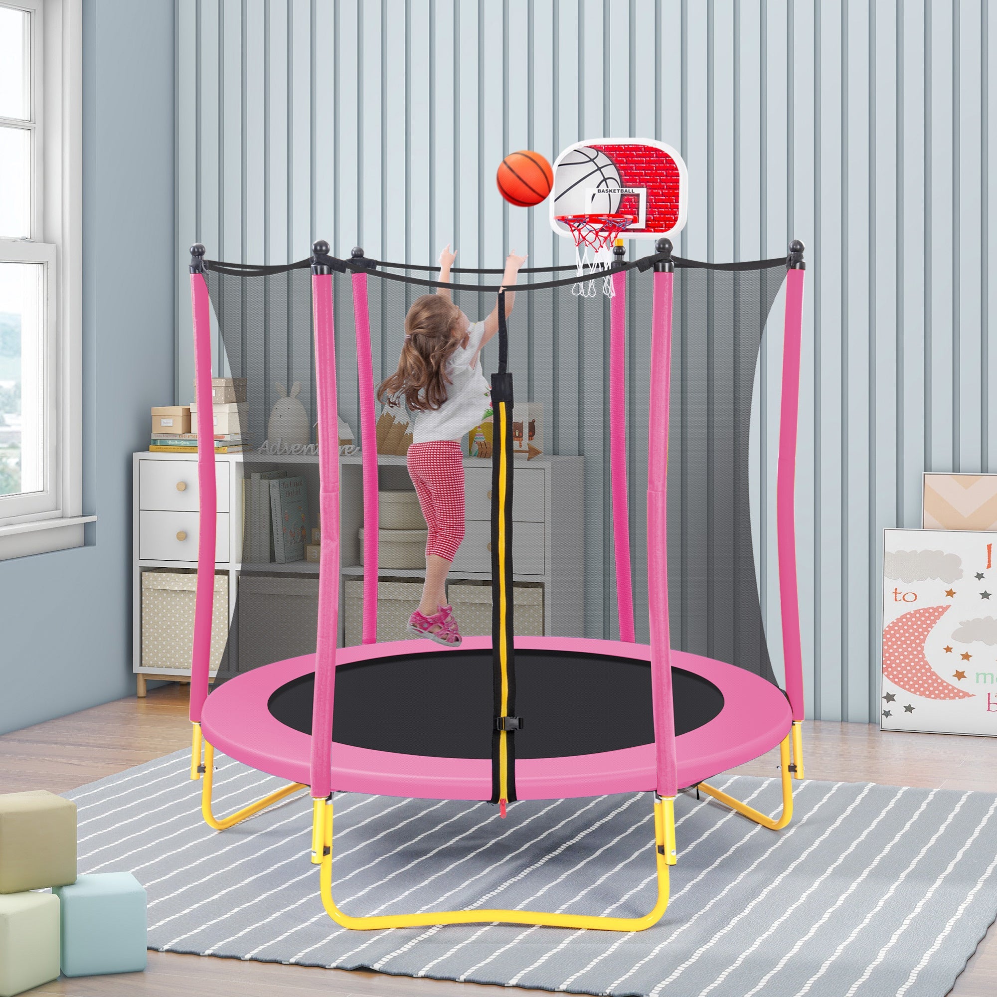 5.5FT Trampoline for Kids - 65 Outdoor & Indoor Mini Toddler Trampoline with Enclosure, Basketball Hoop and Ball Included - Tuesday Morning - Swing Sets & Trampolines