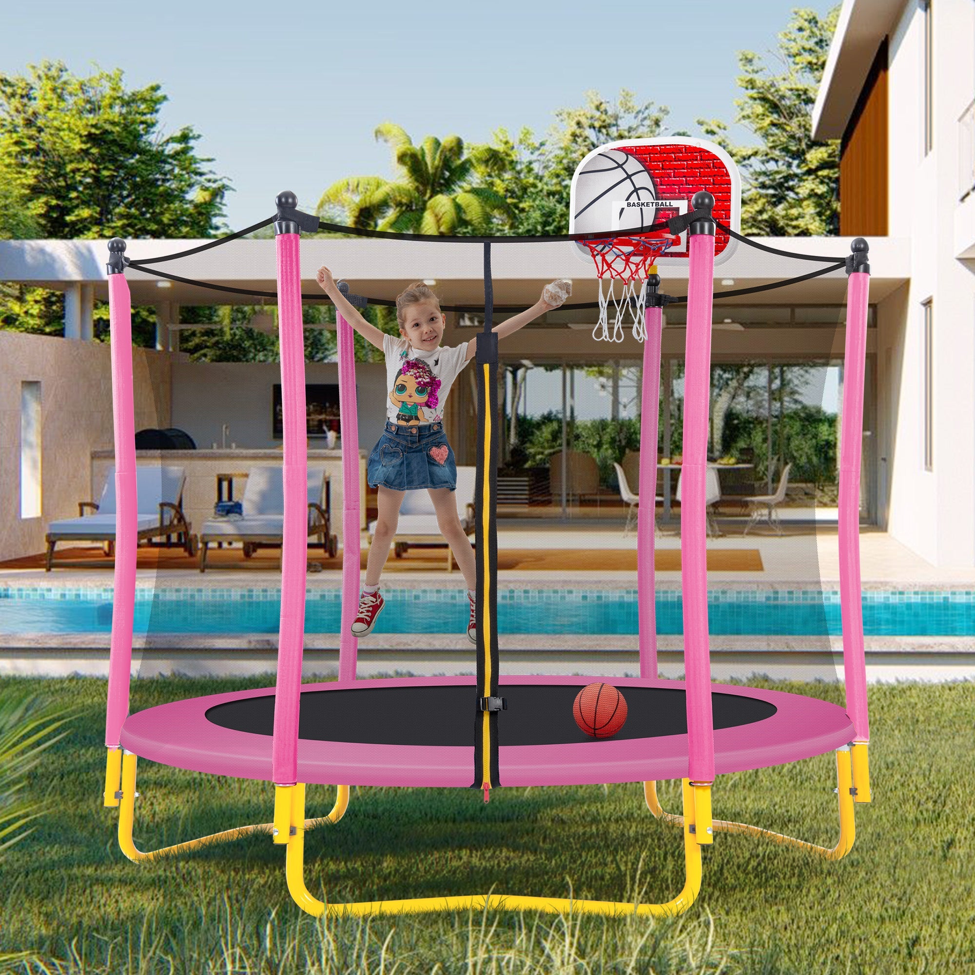 5.5FT Trampoline for Kids - 65 Outdoor & Indoor Mini Toddler Trampoline with Enclosure, Basketball Hoop and Ball Included - Tuesday Morning - Swing Sets & Trampolines