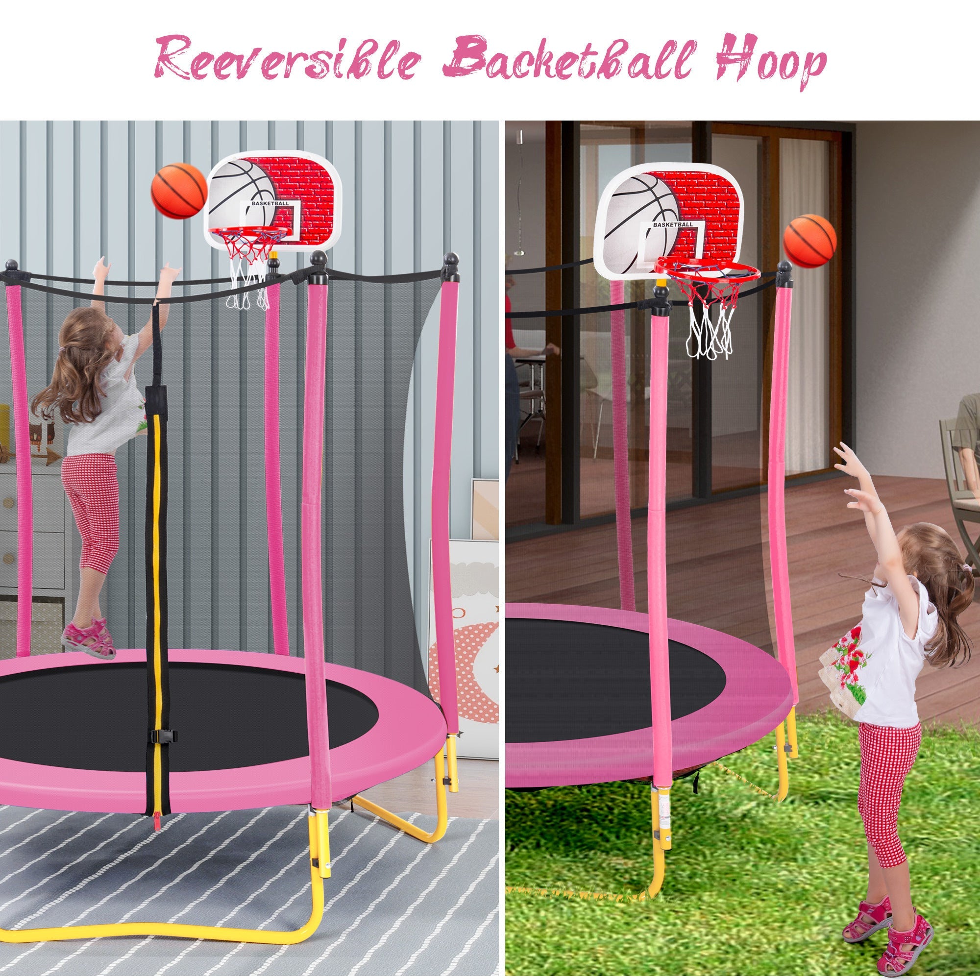 5.5FT Trampoline for Kids - 65 Outdoor & Indoor Mini Toddler Trampoline with Enclosure, Basketball Hoop and Ball Included - Tuesday Morning - Swing Sets & Trampolines