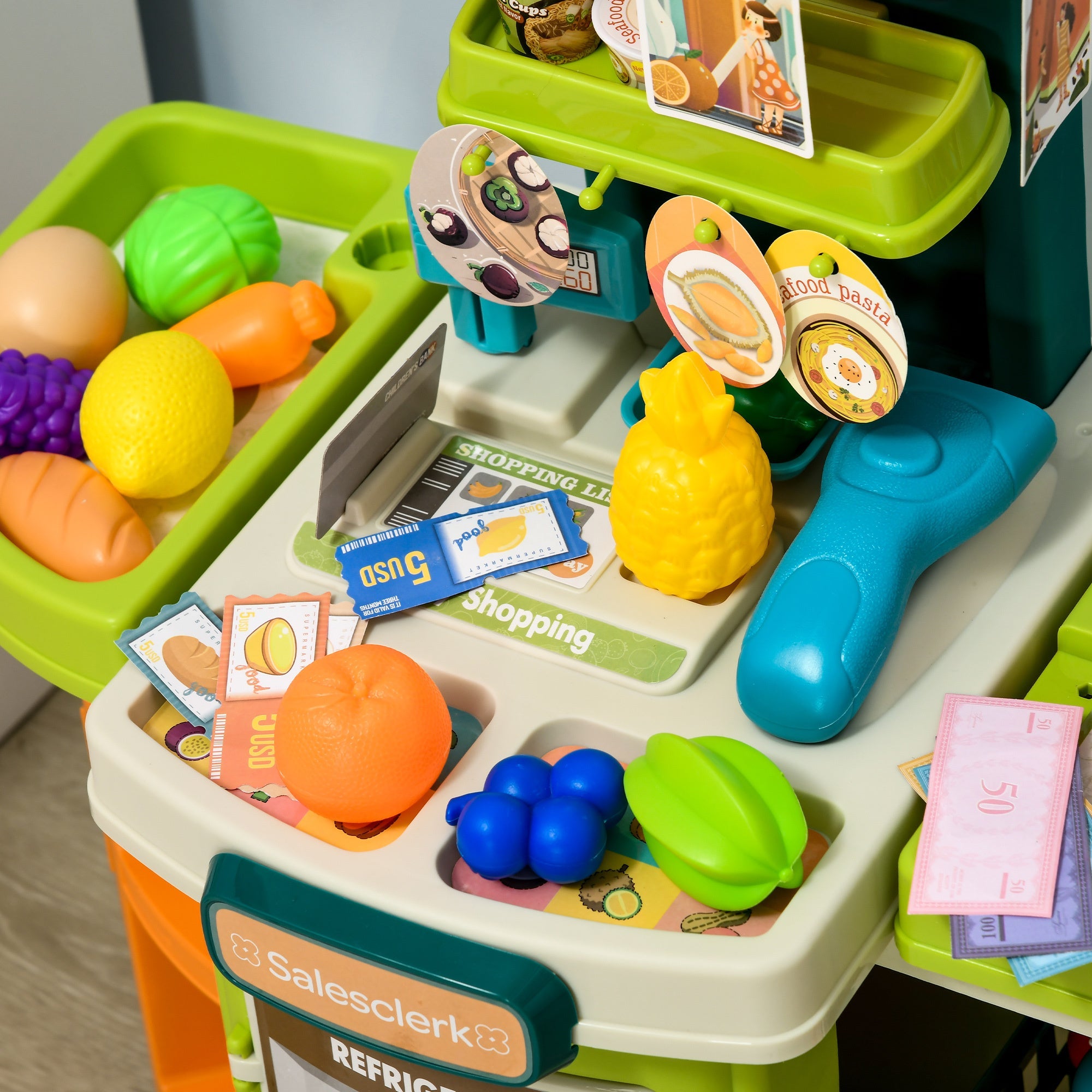 58Pcs Grocery Store Pretend Play Kids Trolley with Cash Register Stand, Foldable Play Store for Kids with Scanner, Play Food Vegetable, Extra Storage for Boys and Girls Ages 3 - 6 Years Old - Tuesday Morning - Toys & Games