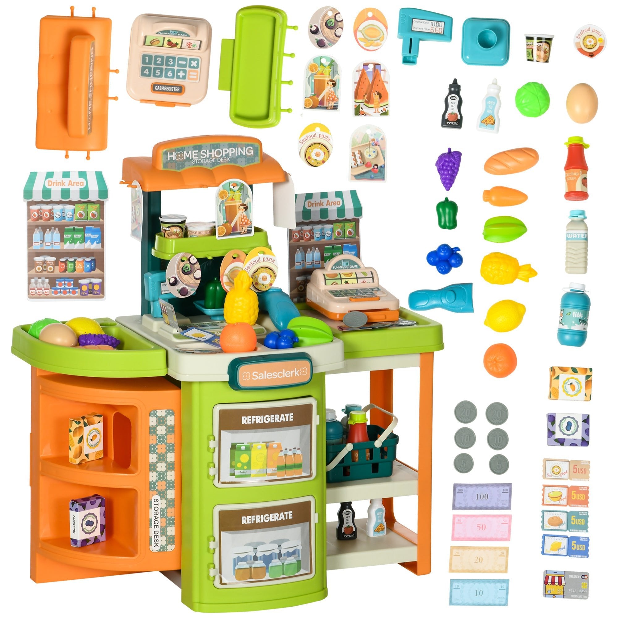 58Pcs Grocery Store Pretend Play Kids Trolley with Cash Register Stand, Foldable Play Store for Kids with Scanner, Play Food Vegetable, Extra Storage for Boys and Girls Ages 3 - 6 Years Old - Tuesday Morning - Toys & Games