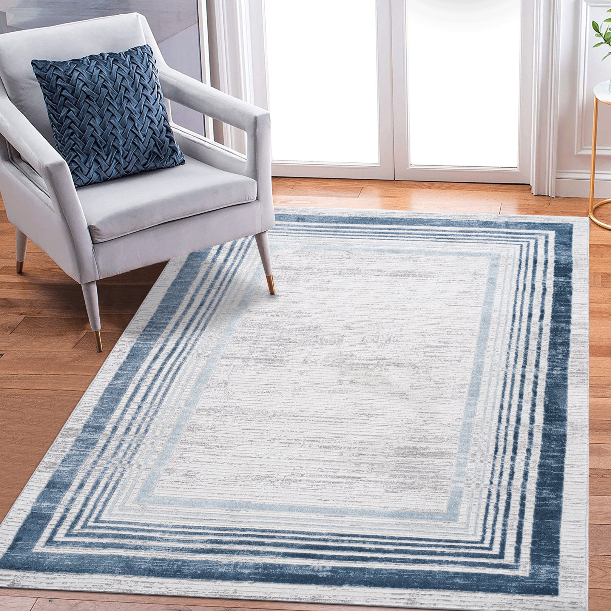 5X7 Blue/Ivory/Bordered Non - Shedding Stain Resistant Area Rug - Tuesday Morning - Area Rugs