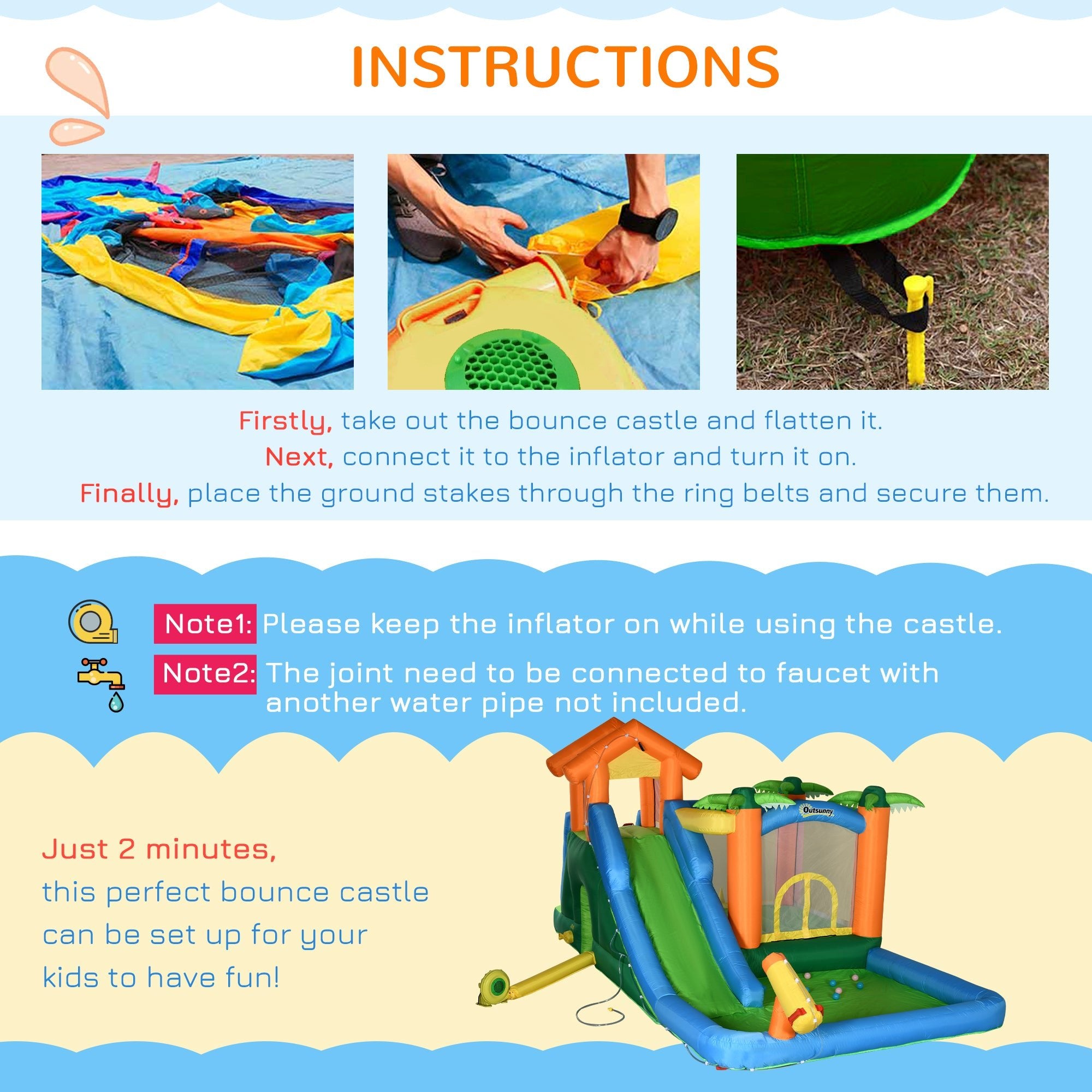 6 - in - 1 Tropical Inflatable Water Slide Jumping Castle Includes Floating Ball Slide Trampoline Pool Cannon Climbing Wall with Carry Bag, Repair Patches and 450W Air Blower - Tuesday Morning - Swing Sets & Trampolines