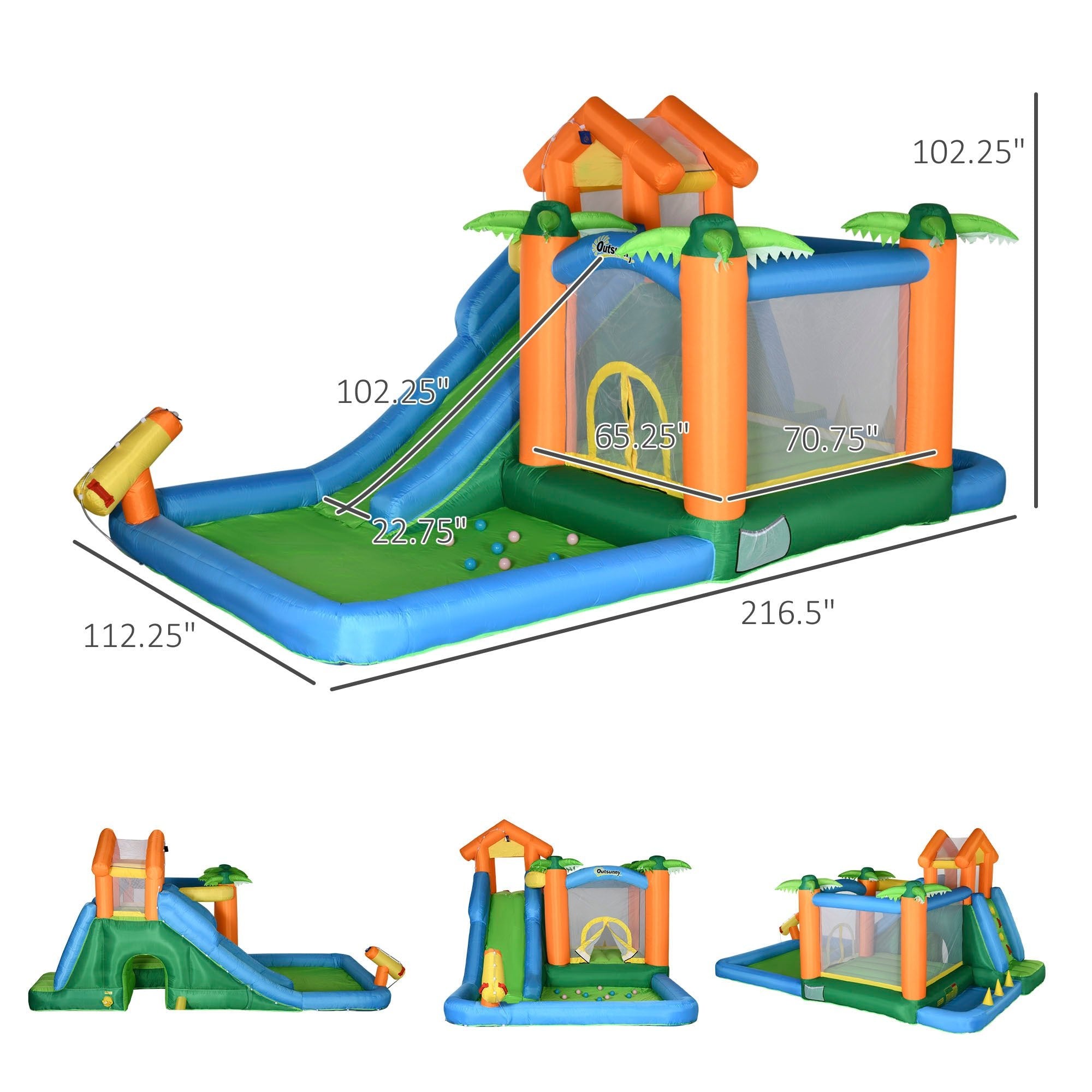 6 - in - 1 Tropical Inflatable Water Slide Jumping Castle Includes Floating Ball Slide Trampoline Pool Cannon Climbing Wall with Carry Bag, Repair Patches and 450W Air Blower - Tuesday Morning - Swing Sets & Trampolines