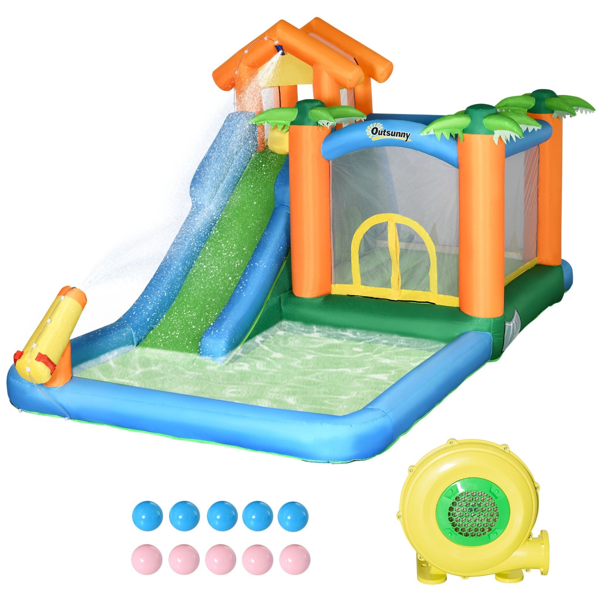 6 - in - 1 Tropical Inflatable Water Slide Jumping Castle Includes Floating Ball Slide Trampoline Pool Cannon Climbing Wall with Carry Bag, Repair Patches and 450W Air Blower - Tuesday Morning - Swing Sets & Trampolines