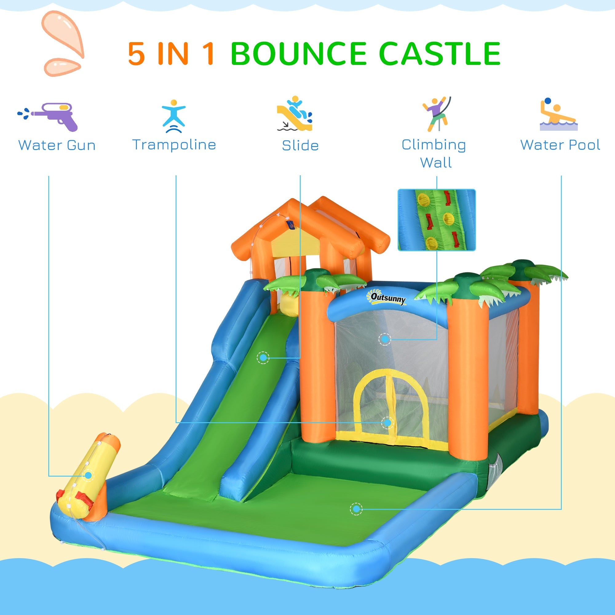 6 - in - 1 Tropical Inflatable Water Slide Jumping Castle Includes Floating Ball Slide Trampoline Pool Cannon Climbing Wall with Carry Bag, Repair Patches and 450W Air Blower - Tuesday Morning - Swing Sets & Trampolines