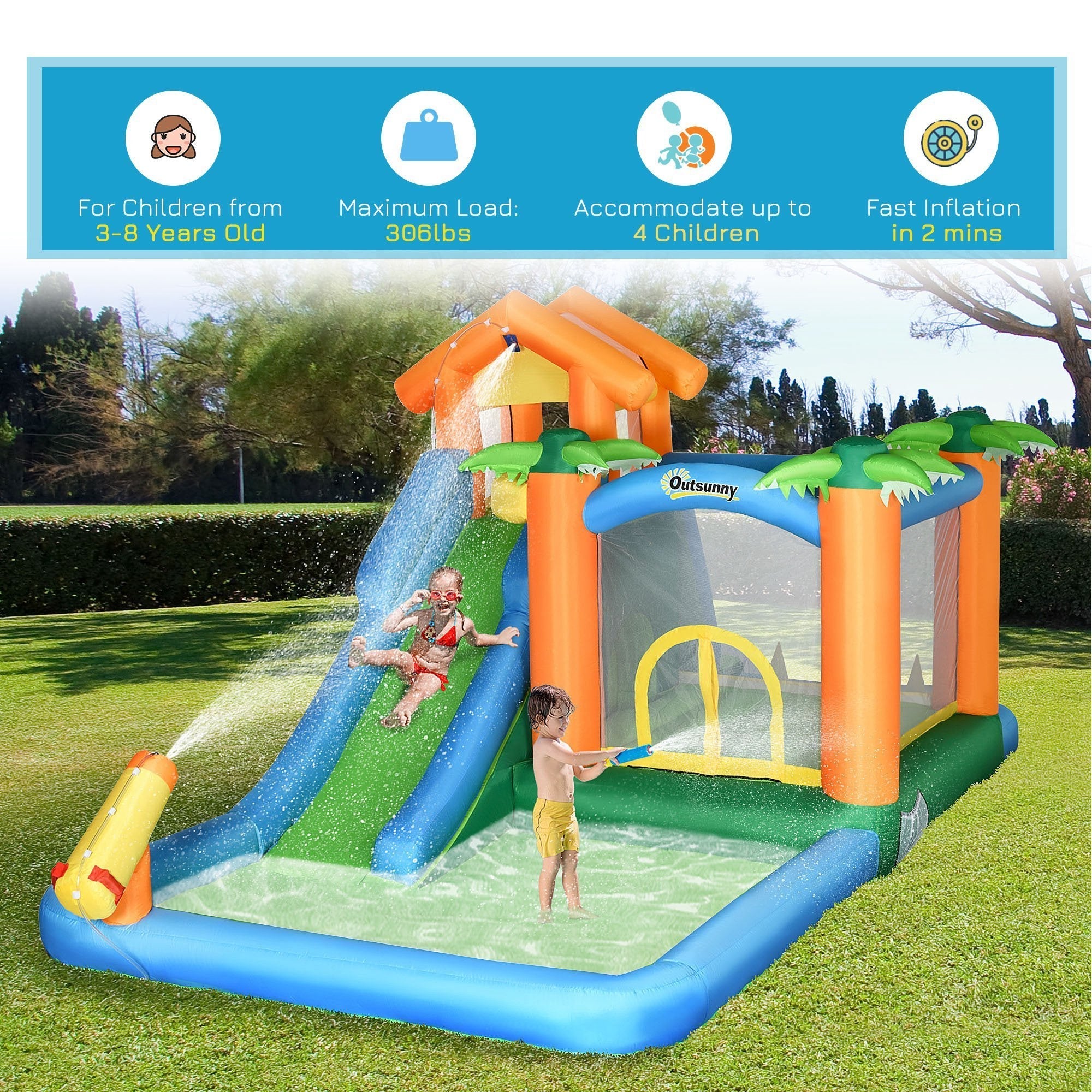 6 - in - 1 Tropical Inflatable Water Slide Jumping Castle Includes Floating Ball Slide Trampoline Pool Cannon Climbing Wall with Carry Bag, Repair Patches and 450W Air Blower - Tuesday Morning - Swing Sets & Trampolines