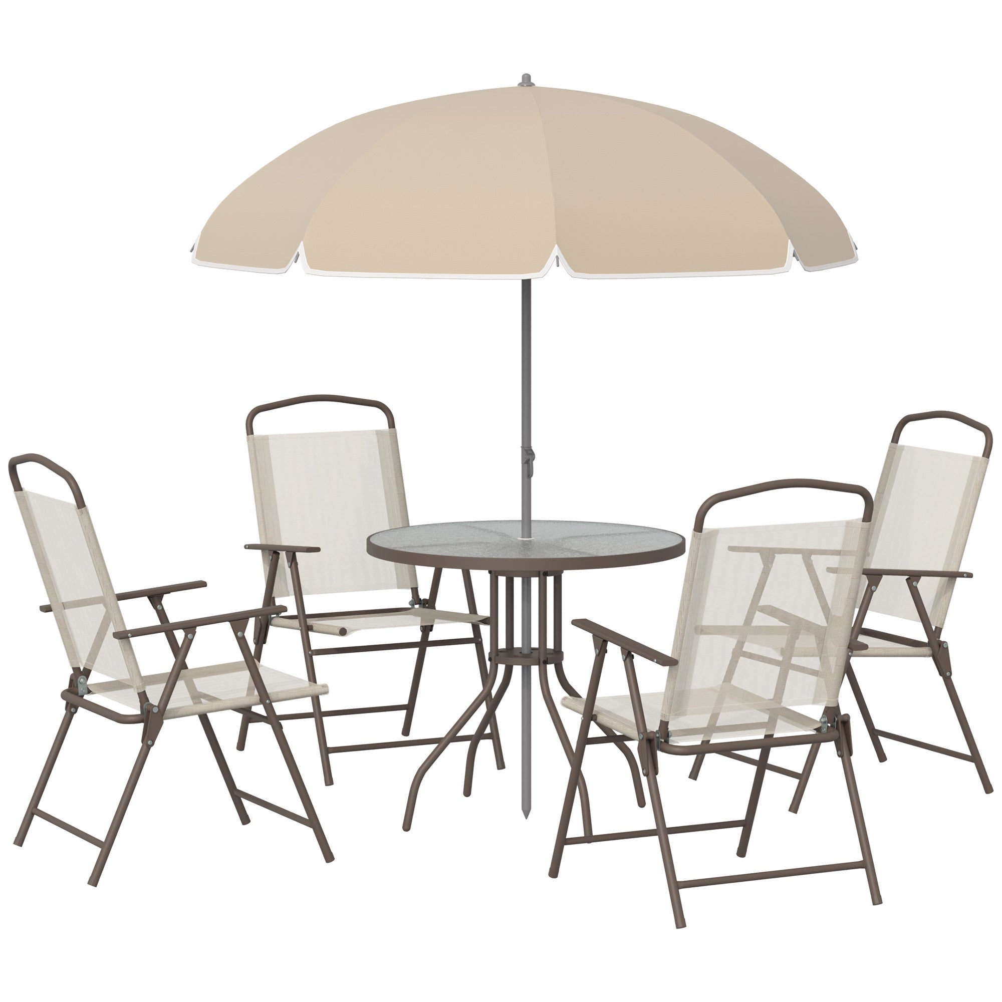 6 Piece Patio Dining Set for 4 with Umbrella, Outdoor Table and Chairs with 4 Folding Dining Chairs Beige - Tuesday Morning - Outdoor Furniture Sets