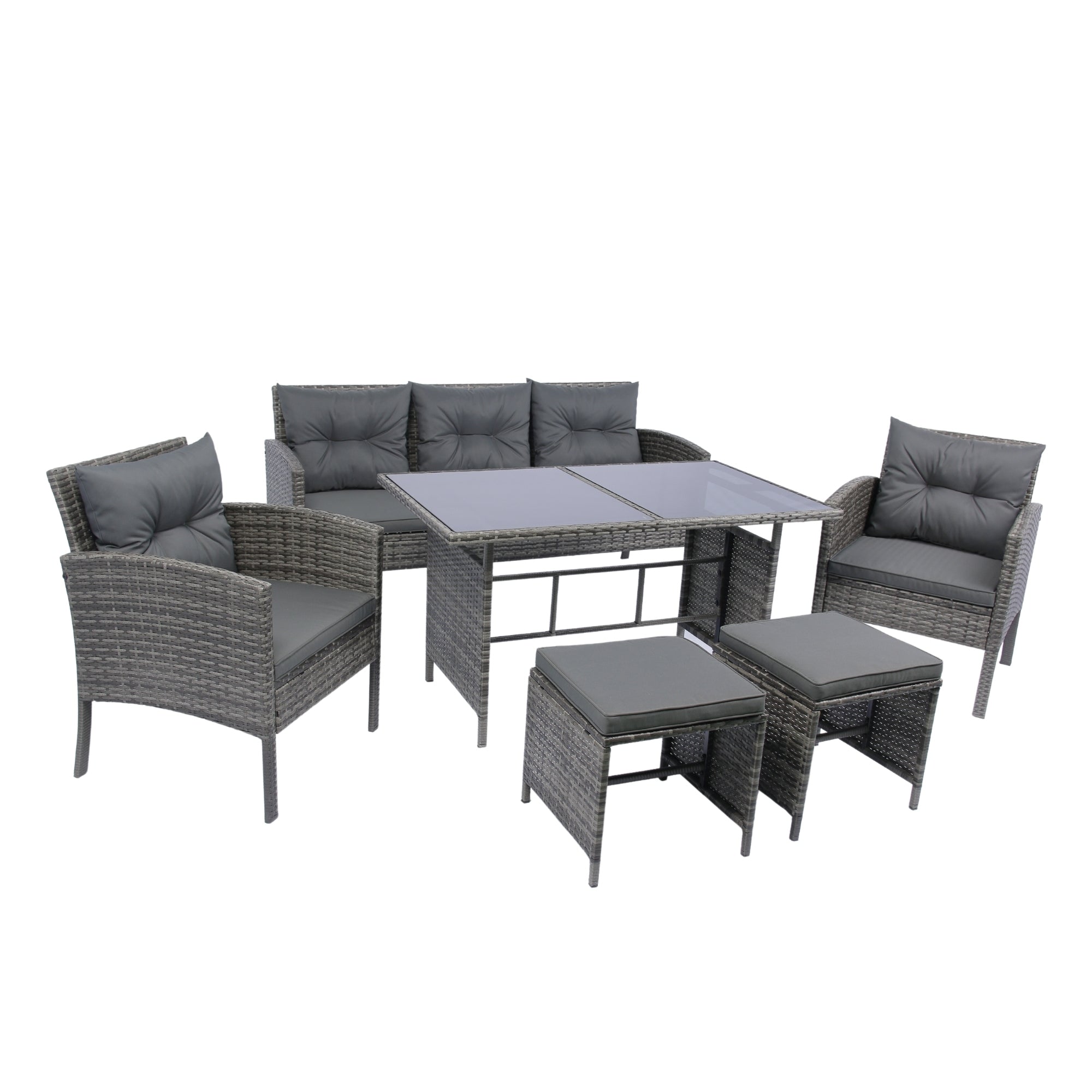 6 Piece Patio Wicker Sectional Set Patio Backyard Conversation Set Grey Wicker + Dark Grey Cushion - Tuesday Morning - Outdoor Furniture Sets