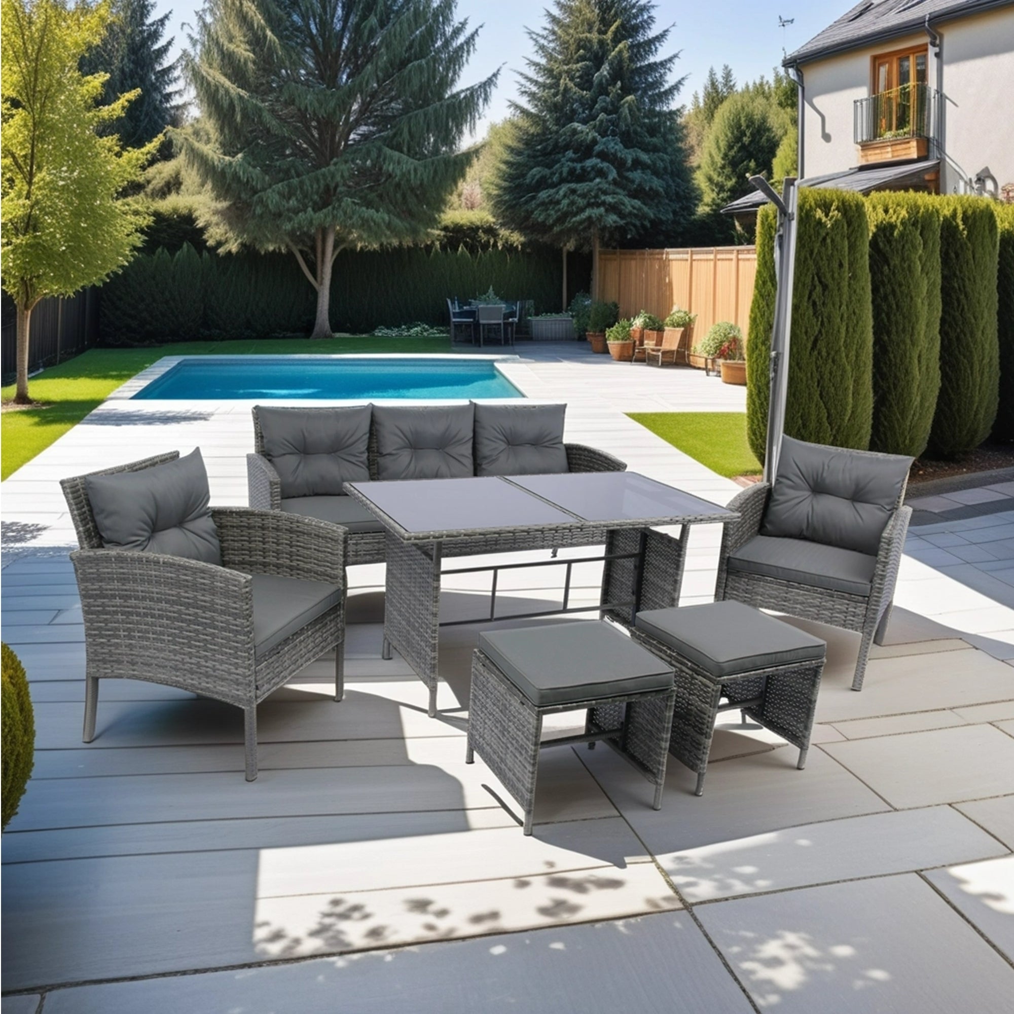 6 Piece Patio Wicker Sectional Set Patio Backyard Conversation Set Grey Wicker + Dark Grey Cushion - Tuesday Morning - Outdoor Furniture Sets