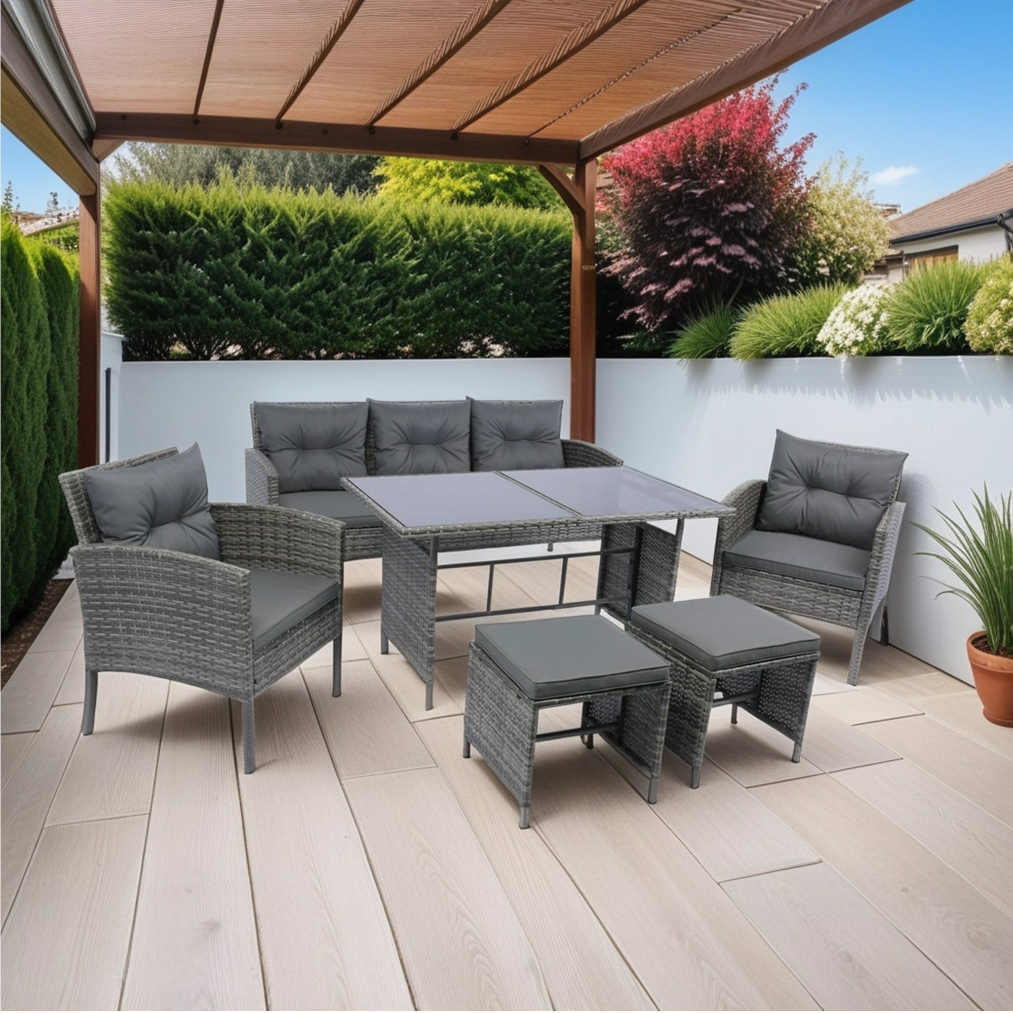 6 Piece Patio Wicker Sectional Set Patio Backyard Conversation Set Grey Wicker + Dark Grey Cushion - Tuesday Morning - Outdoor Furniture Sets