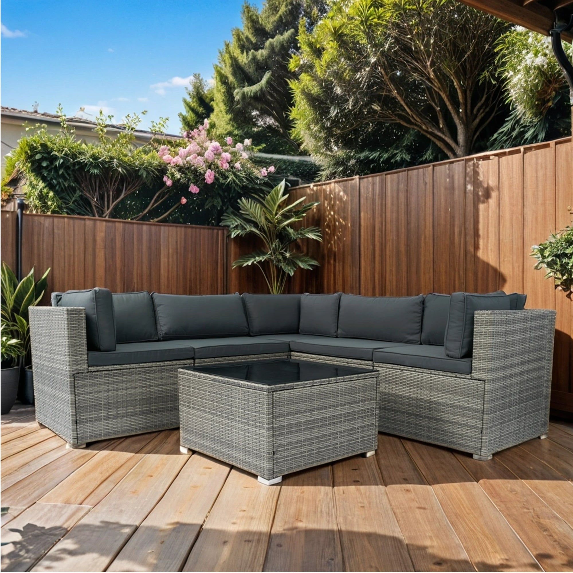 6 Pieces PE Rattan sectional Outdoor Furniture Cushioned Sofa set Grey Wicker, Dark Grey Cushion - Tuesday Morning - Outdoor Furniture Sets