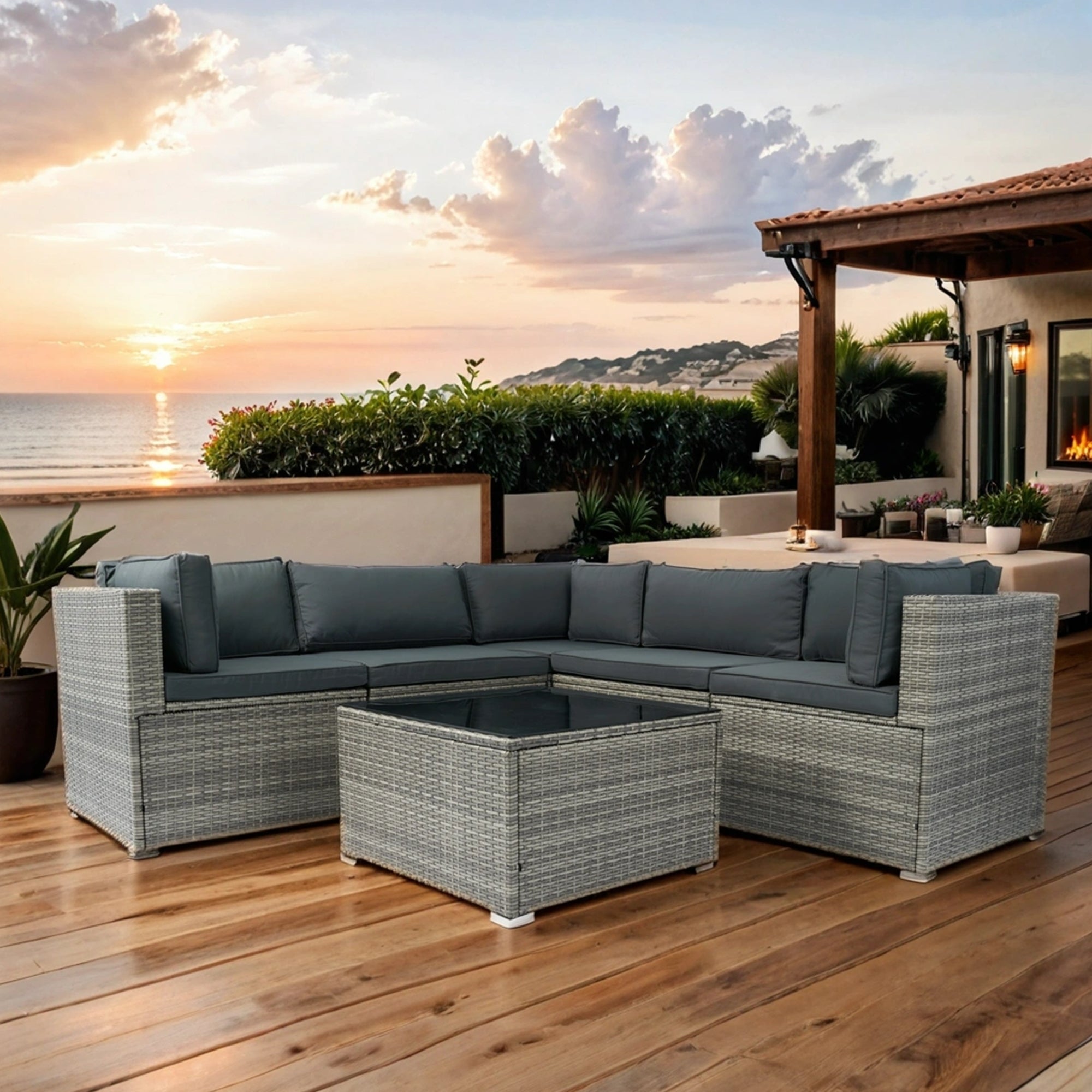 6 Pieces PE Rattan sectional Outdoor Furniture Cushioned Sofa set Grey Wicker, Dark Grey Cushion - Tuesday Morning - Outdoor Furniture Sets