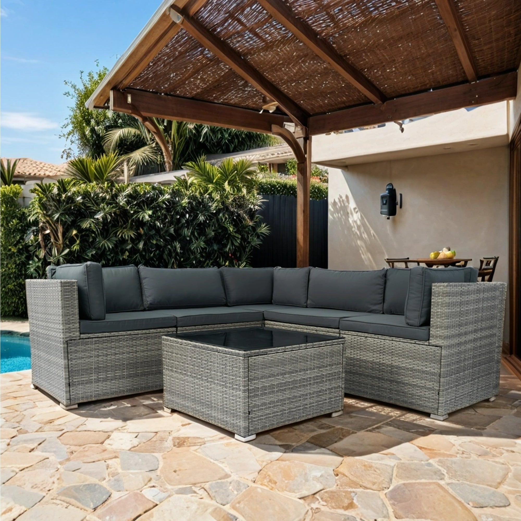 6 Pieces PE Rattan sectional Outdoor Furniture Cushioned Sofa set Grey Wicker, Dark Grey Cushion - Tuesday Morning - Outdoor Furniture Sets