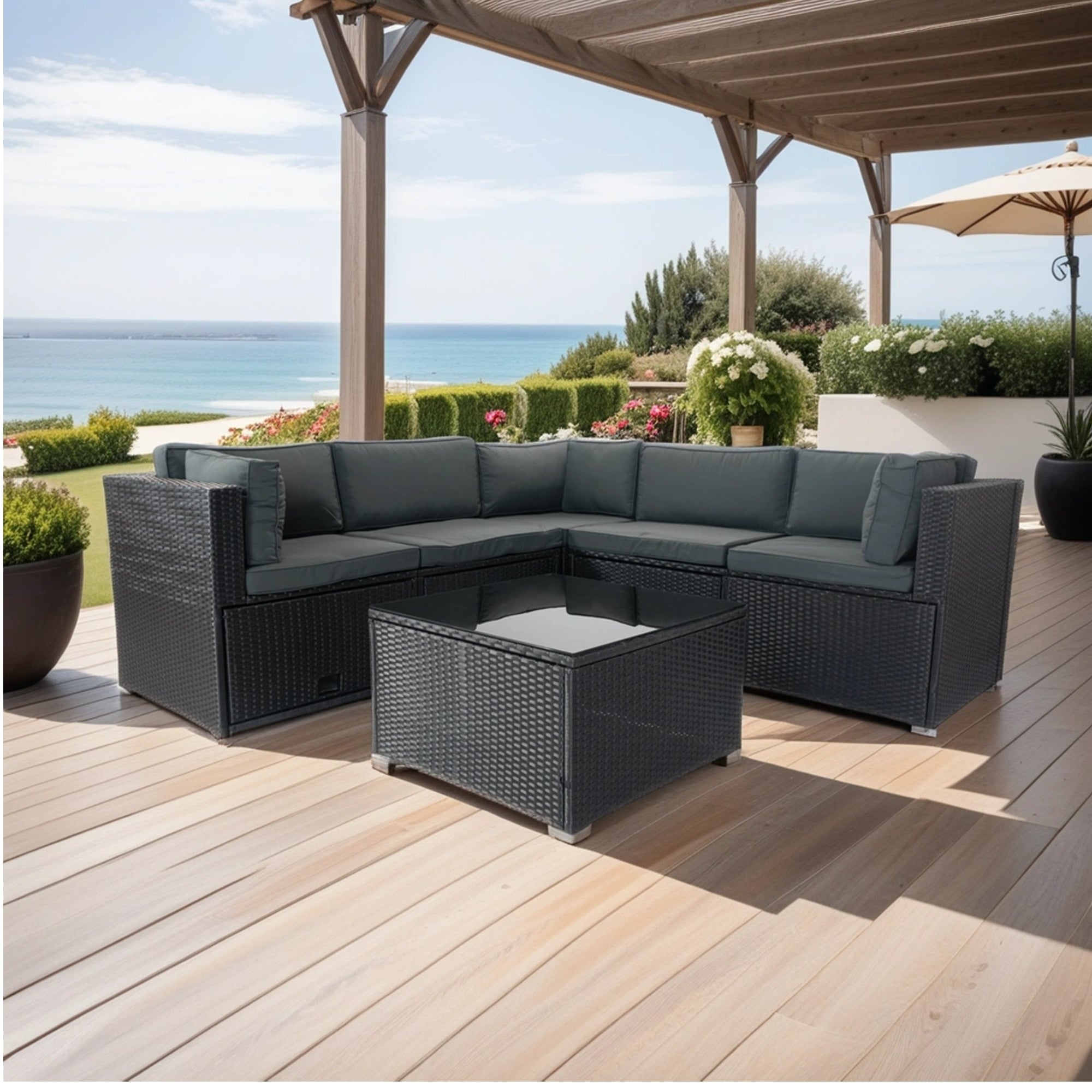 6 Pieces PE Rattan sectional Outdoor Furniture Cushioned Sofa Set with 3 Storage Under Seat Black Wicker + Dark Grey Cushion - Tuesday Morning - Outdoor Furniture Sets