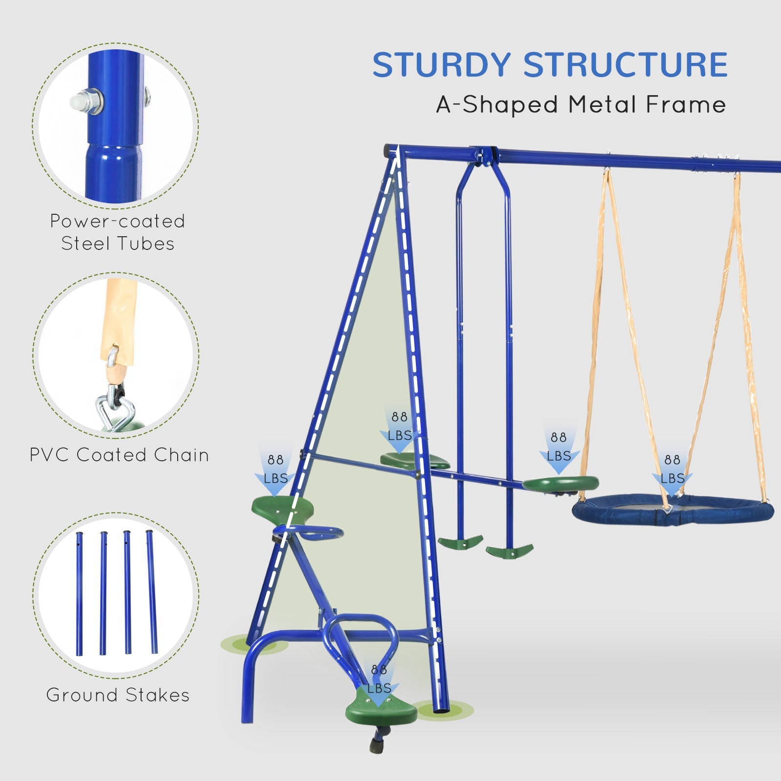 616 lbs Swing Set for Backyard, 5 in 1 Heavy - Duty A - Frame Stand Outdoor Playset for Kids, with Saucer Swing, Slide, Seesaw, Glider, Swing Seat - Tuesday Morning - Toys & Games