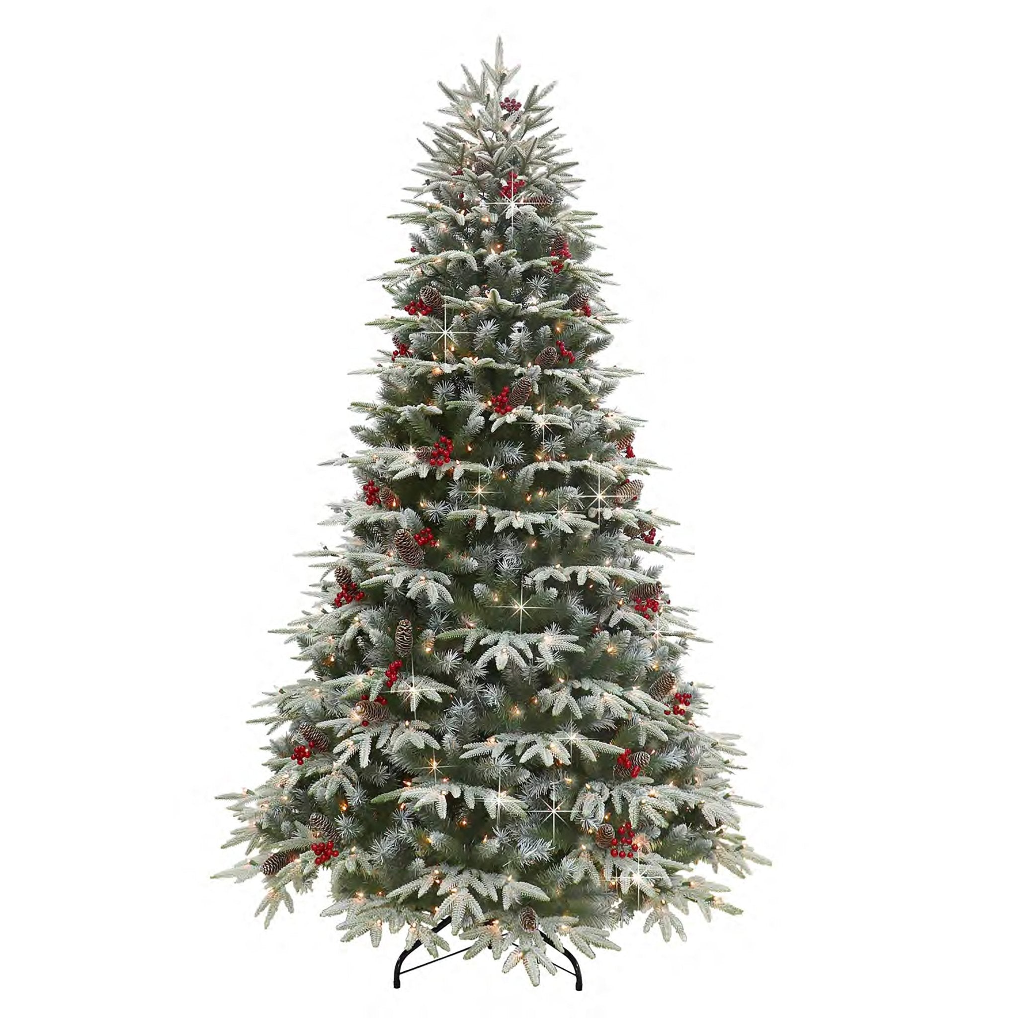 6.5 ft Pre - lit Flocked Halifax Fir Artificial Christmas Tree, 500 UL Clear Lights, Pinecones & Red Berries, Metal Stand, Green - Tuesday Morning - Faux Trees