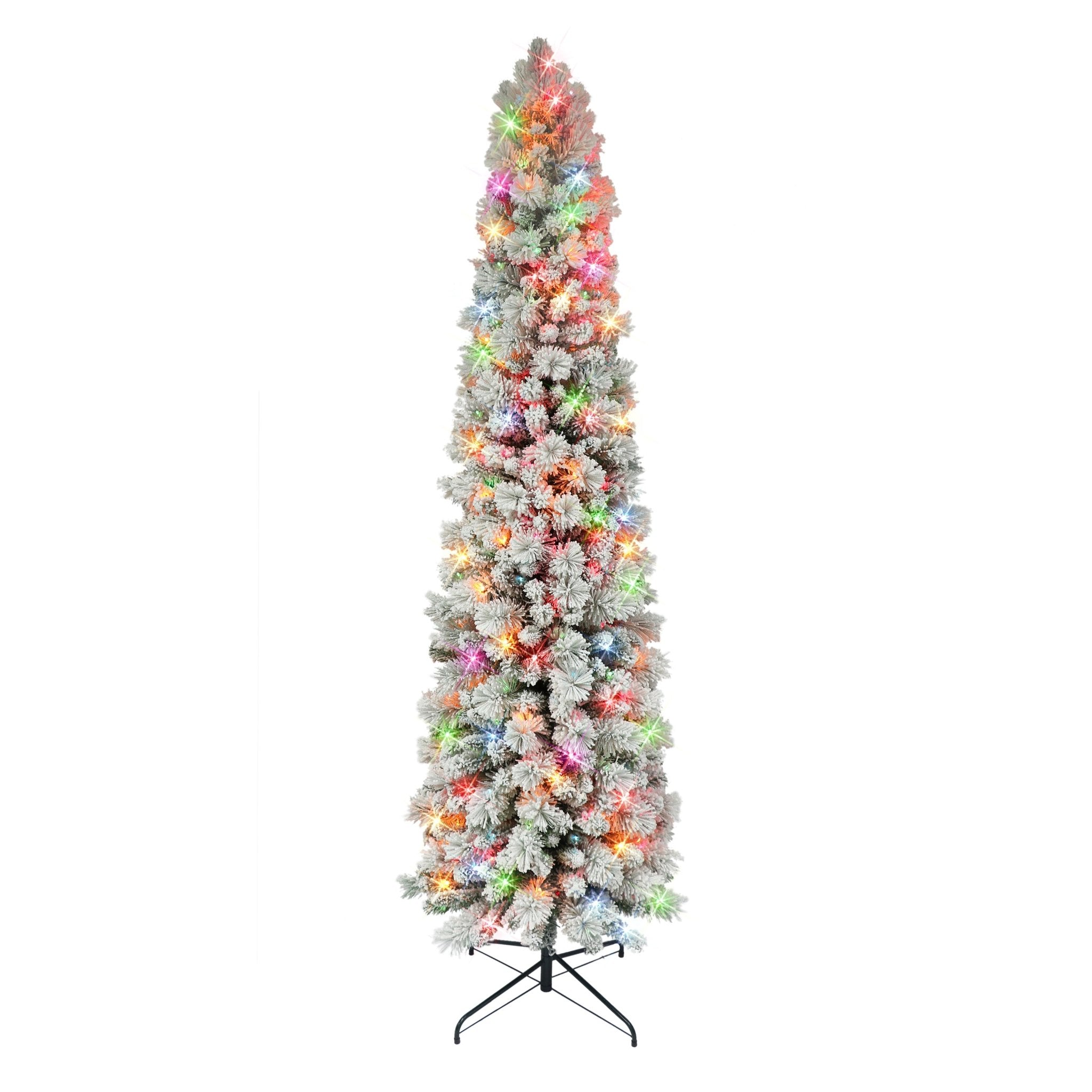 6.5 ft Pre - lit Flocked Portland Pine Pencil Artificial Christmas Tree with 300 UL Multi - Color Lights, Metal Stand, Green - Tuesday Morning - Faux Trees