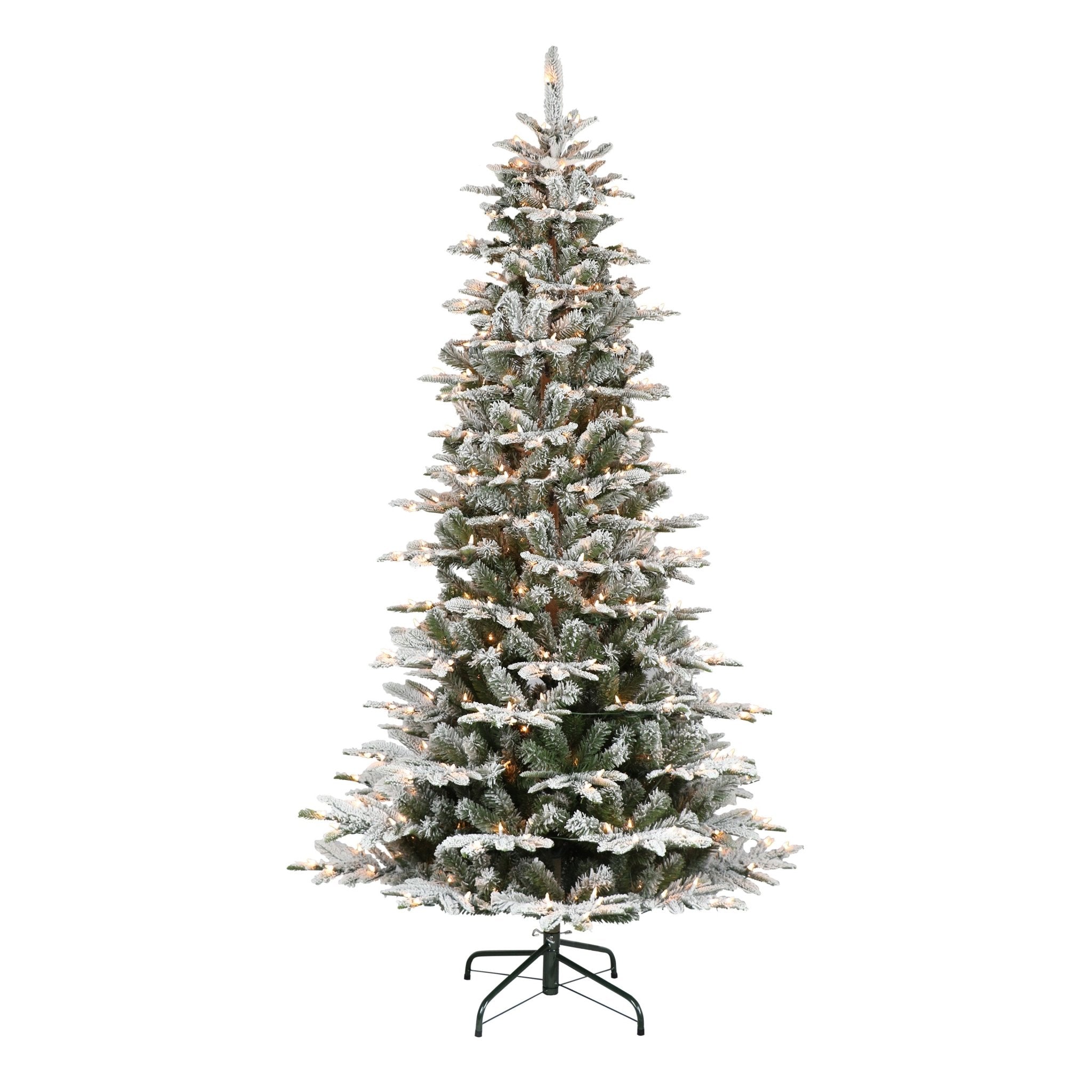 6.5 ft Pre - Lit Slim Flocked Aspen Fir Artificial Christmas Tree with 350 UL Clear Lights, Metal Stand, Green - Tuesday Morning - Faux Trees