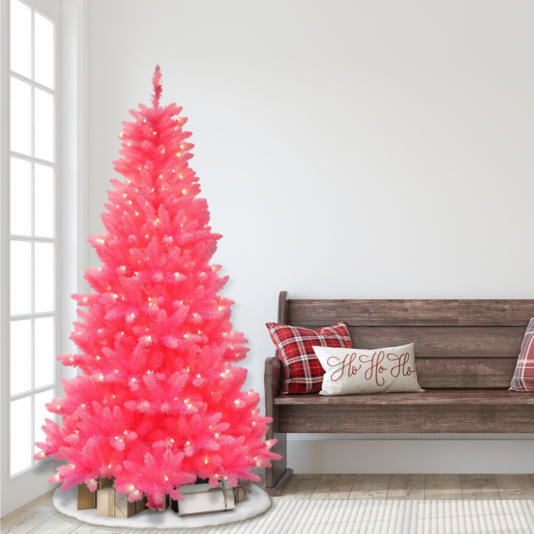 6.5' Pre - Lit Fashion Pink Artificial Christmas Tree with 300 UL Clear Lights, Metal Stand - Tuesday Morning - Faux Trees