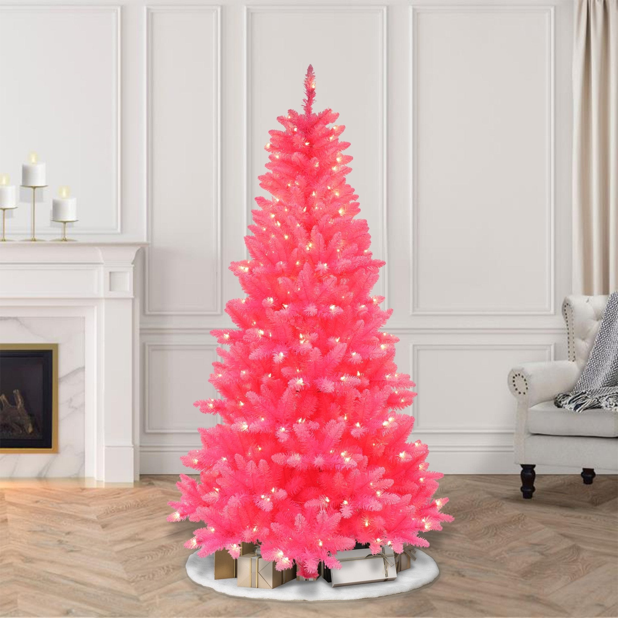 6.5' Pre - Lit Fashion Pink Artificial Christmas Tree with 300 UL Clear Lights, Metal Stand - Tuesday Morning - Faux Trees