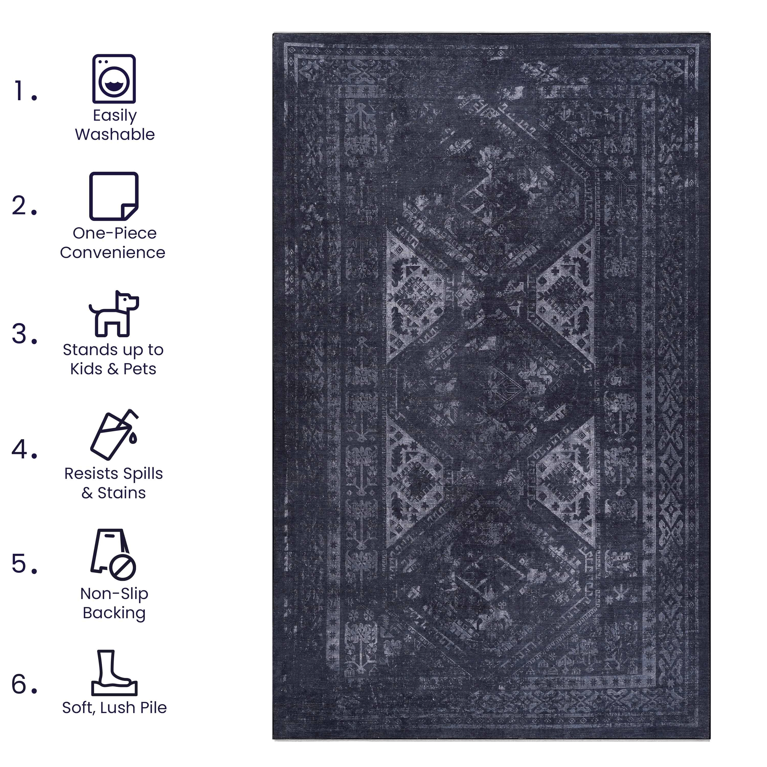 Naar Washable Area Rugs, Low-Pile, Non-Slip, Non-Shedding, Foldable, Kid & Pet Friendly