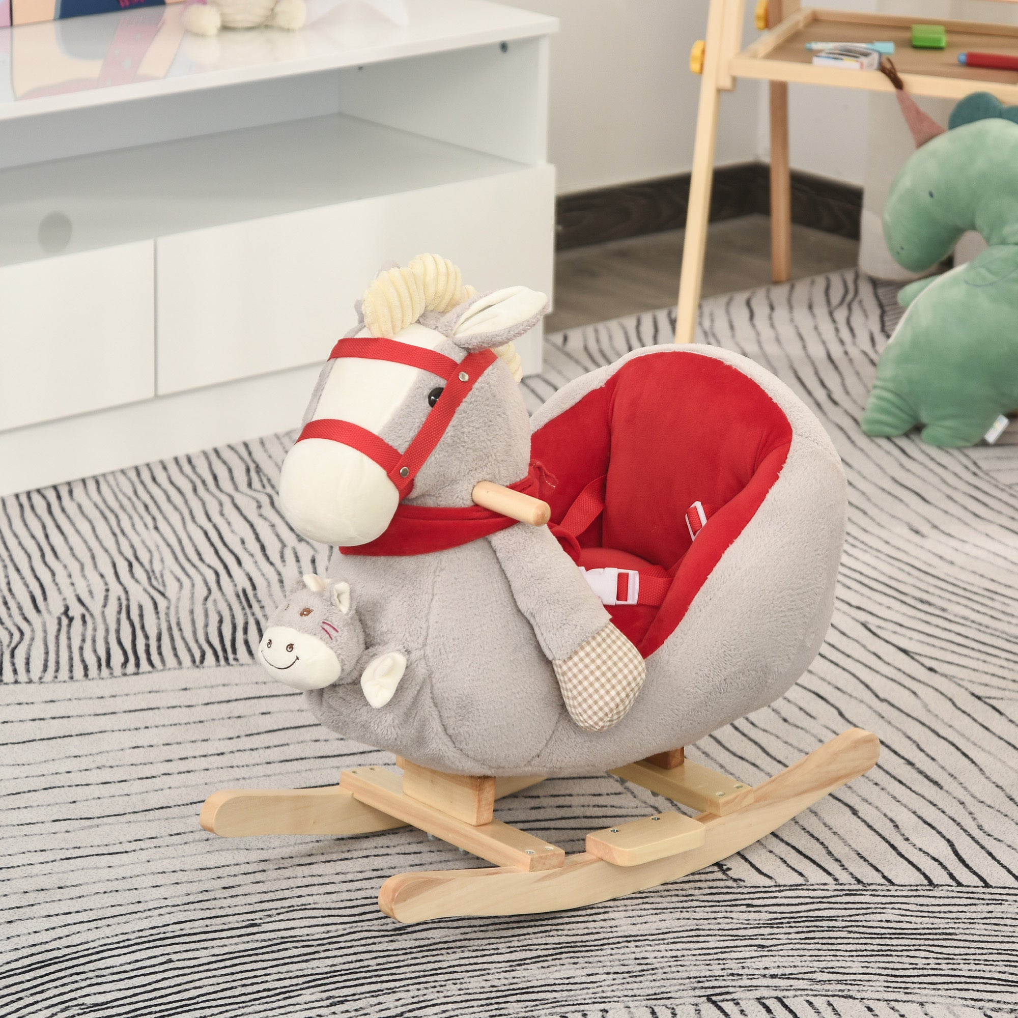 Kids Ride On Rocking Horse Toy Rocker with Lullaby Song Hand Puppets Soft Plush Fabric for Children 18 36 Months Gray Tuesday Morning