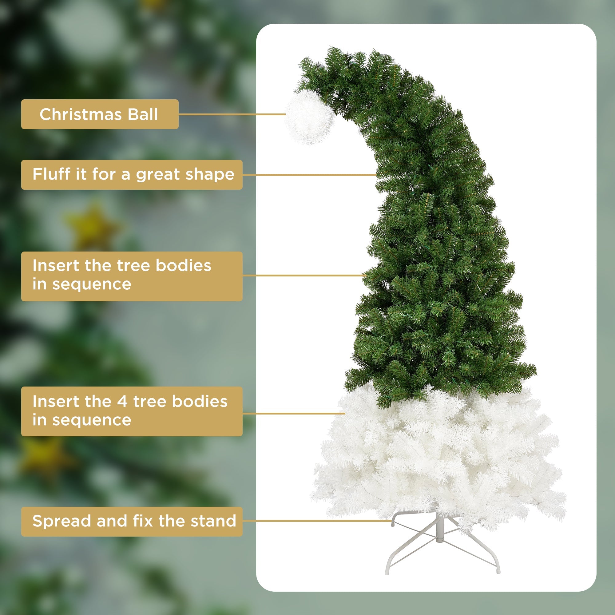 6FT Hinged Fir Artificial Fir Bent Top Christmas Tree, Xmas Tree Bendable Santa Hat Style Christmas Tree Holiday Decoration, 1250 Lush Branch Tips, 300 LED Lights X - mas - Tuesday Morning - Decorative Objects