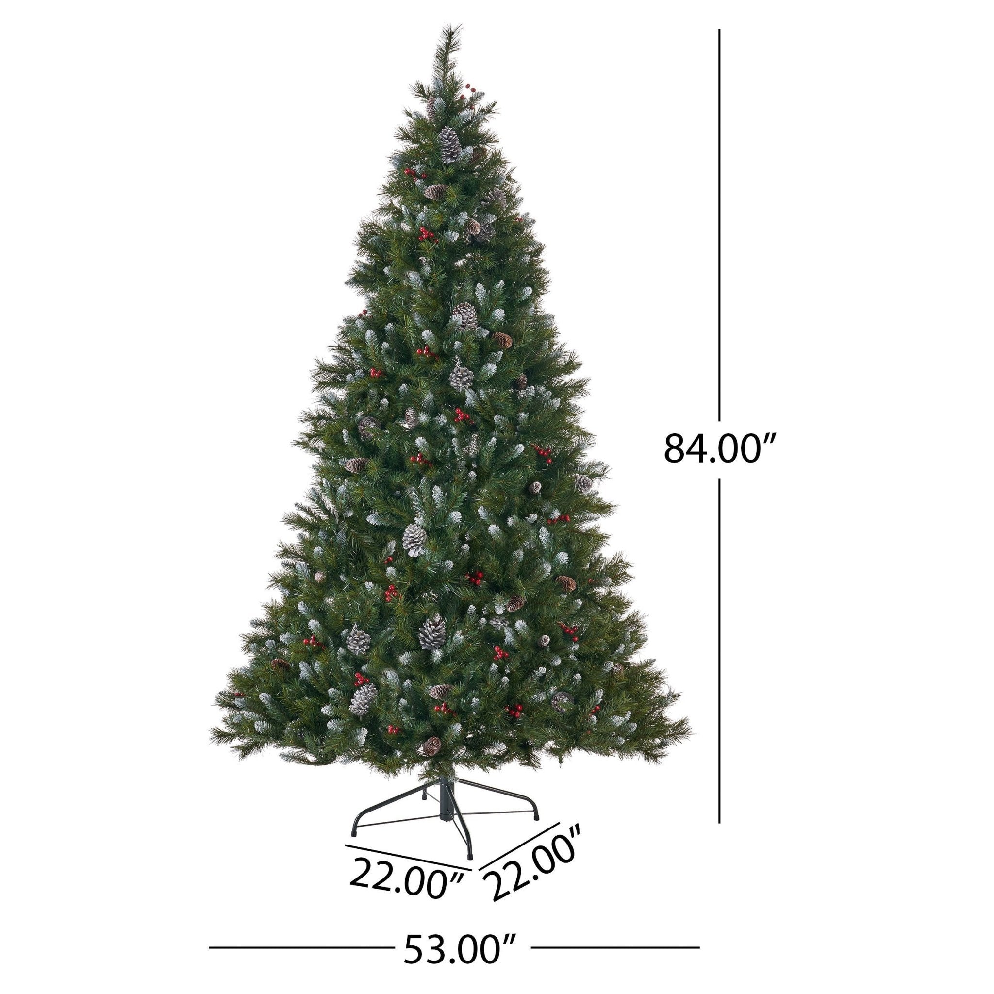 7' Mixed Frosted Hinged Tree with 52 Frosted Pine Cones and 26 Red Berry and 450 Clear Lights - UL,Dia:53