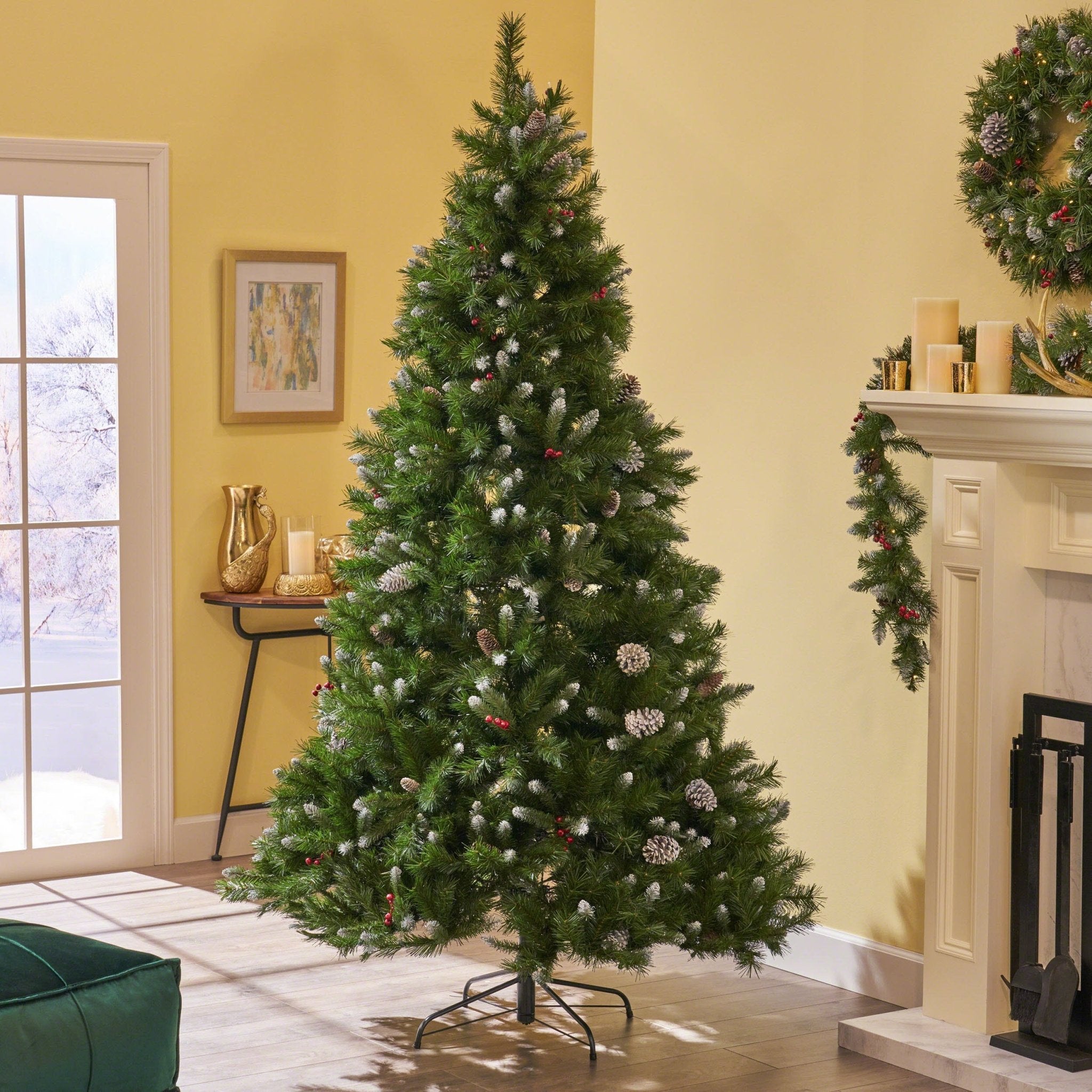 7' Mixed Frosted Hinged Tree with 52 Frosted Pine Cones and 26 Red Berry and Dia:53