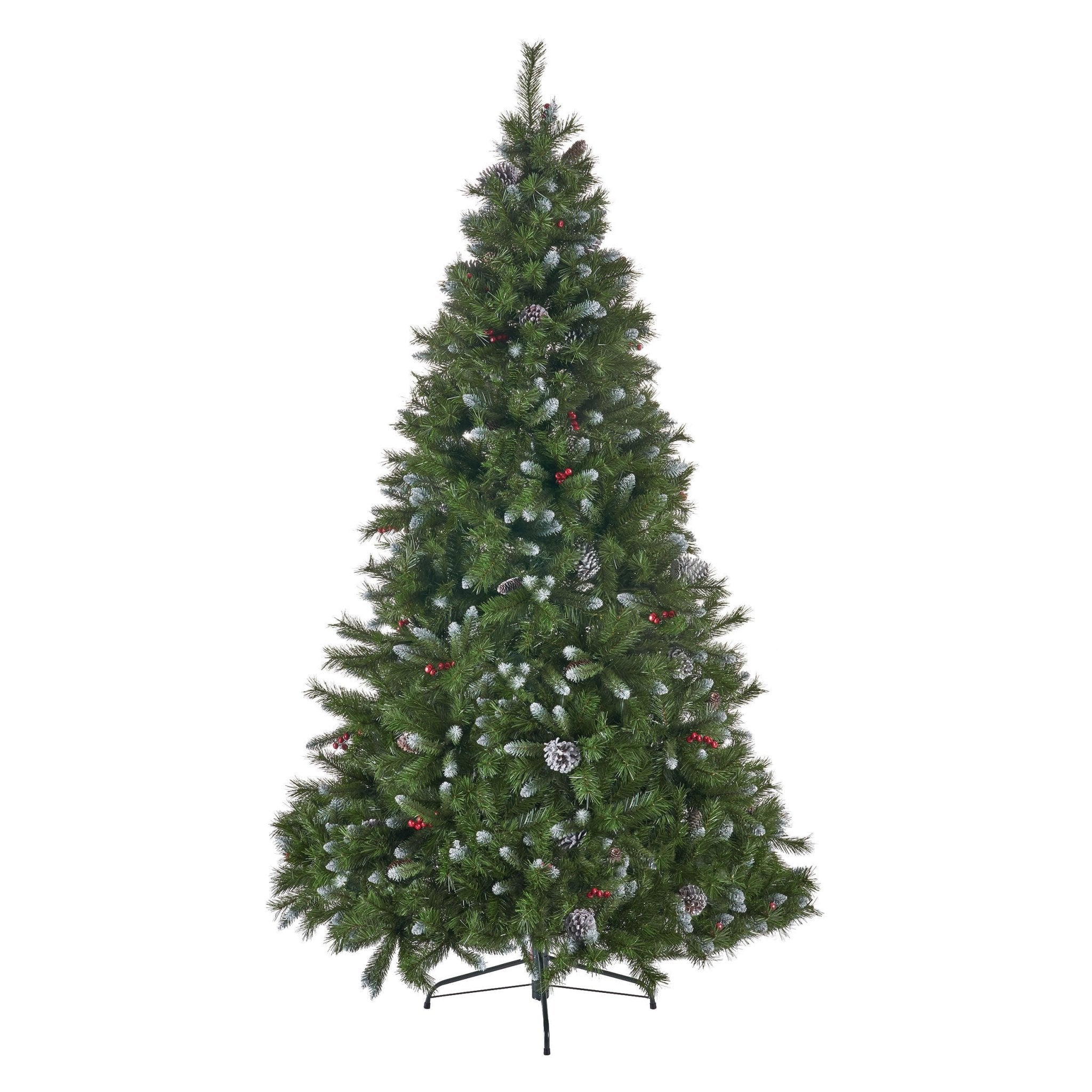 7' Mixed Frosted Hinged Tree with 52 Frosted Pine Cones and 26 Red Berry and Dia:53