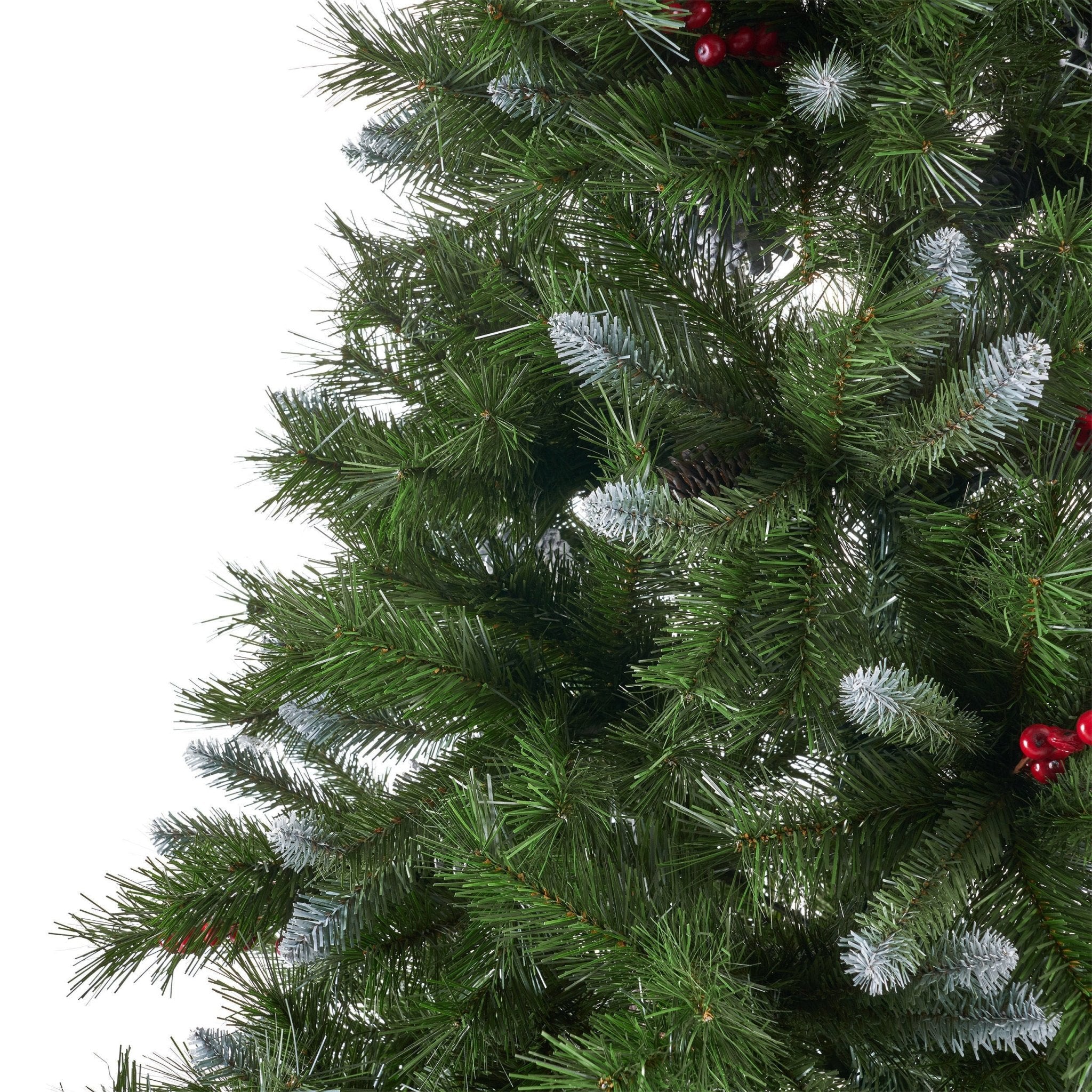 7' Mixed Frosted Hinged Tree with 52 Frosted Pine Cones and 26 Red Berry and Dia:53