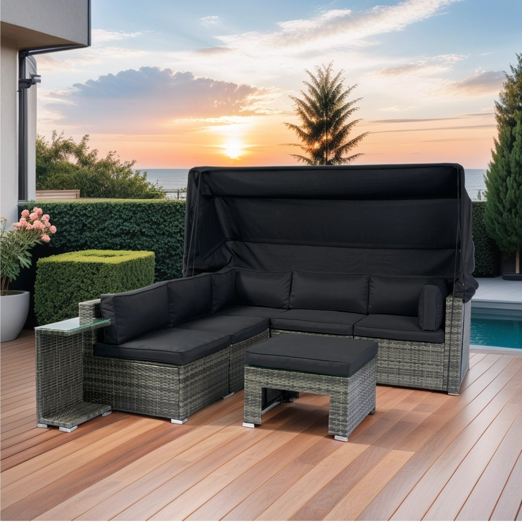 7 - Piece Patio Furniture Set w/Retractable Canopy Wicker Rattan Sectional Sofa Set - Tuesday Morning - Outdoor Furniture Sets