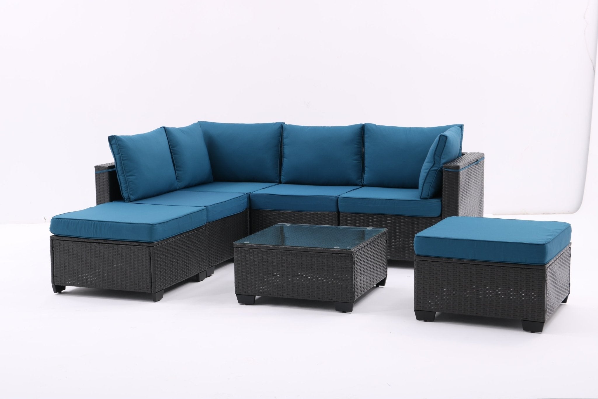 7 Pieces Outdoor Patio Furniture Set, Sectional Conversation Sofa Of Corner Chairs, Ottomans And Glass Top Table(Coffee+Peacock blue) - Tuesday Morning - Outdoor Furniture Sets