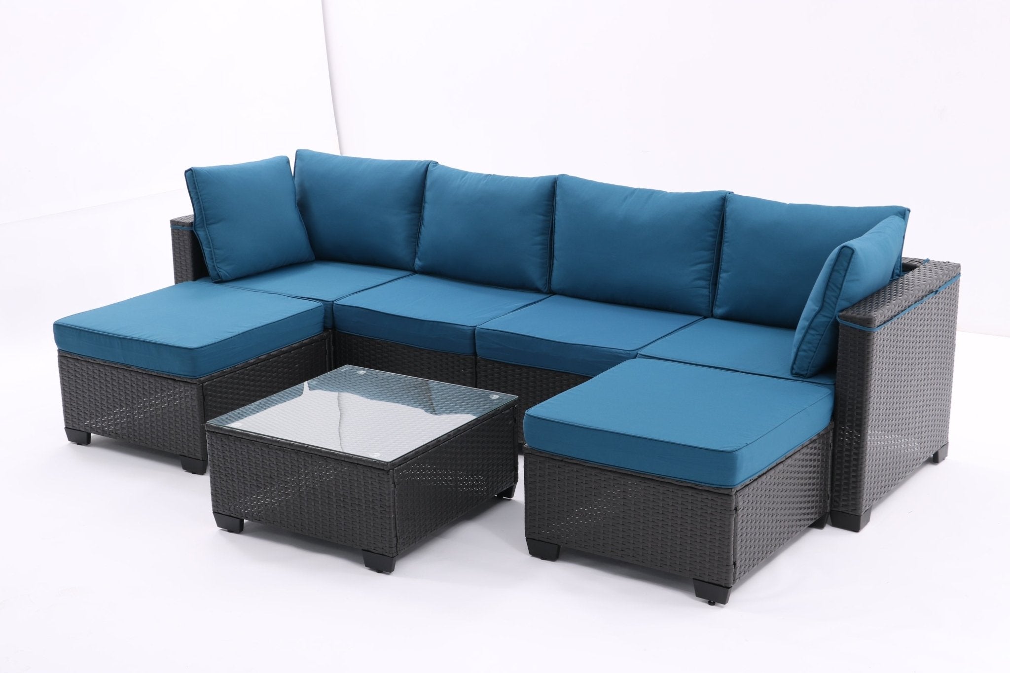 7 Pieces Outdoor Patio Furniture Set, Sectional Conversation Sofa Of Corner Chairs, Ottomans And Glass Top Table(Coffee+Peacock blue) - Tuesday Morning - Outdoor Furniture Sets