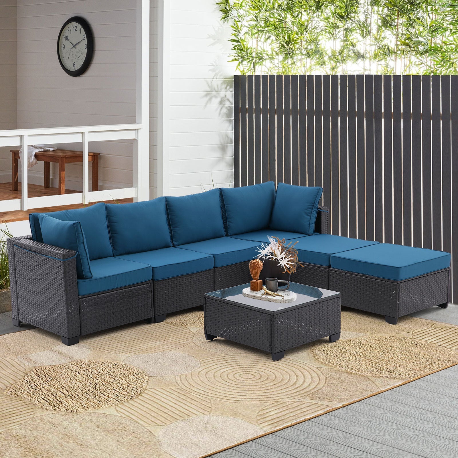 7 Pieces Outdoor Patio Furniture Set, Sectional Conversation Sofa Of Corner Chairs, Ottomans And Glass Top Table(Coffee+Peacock blue) - Tuesday Morning - Outdoor Furniture Sets