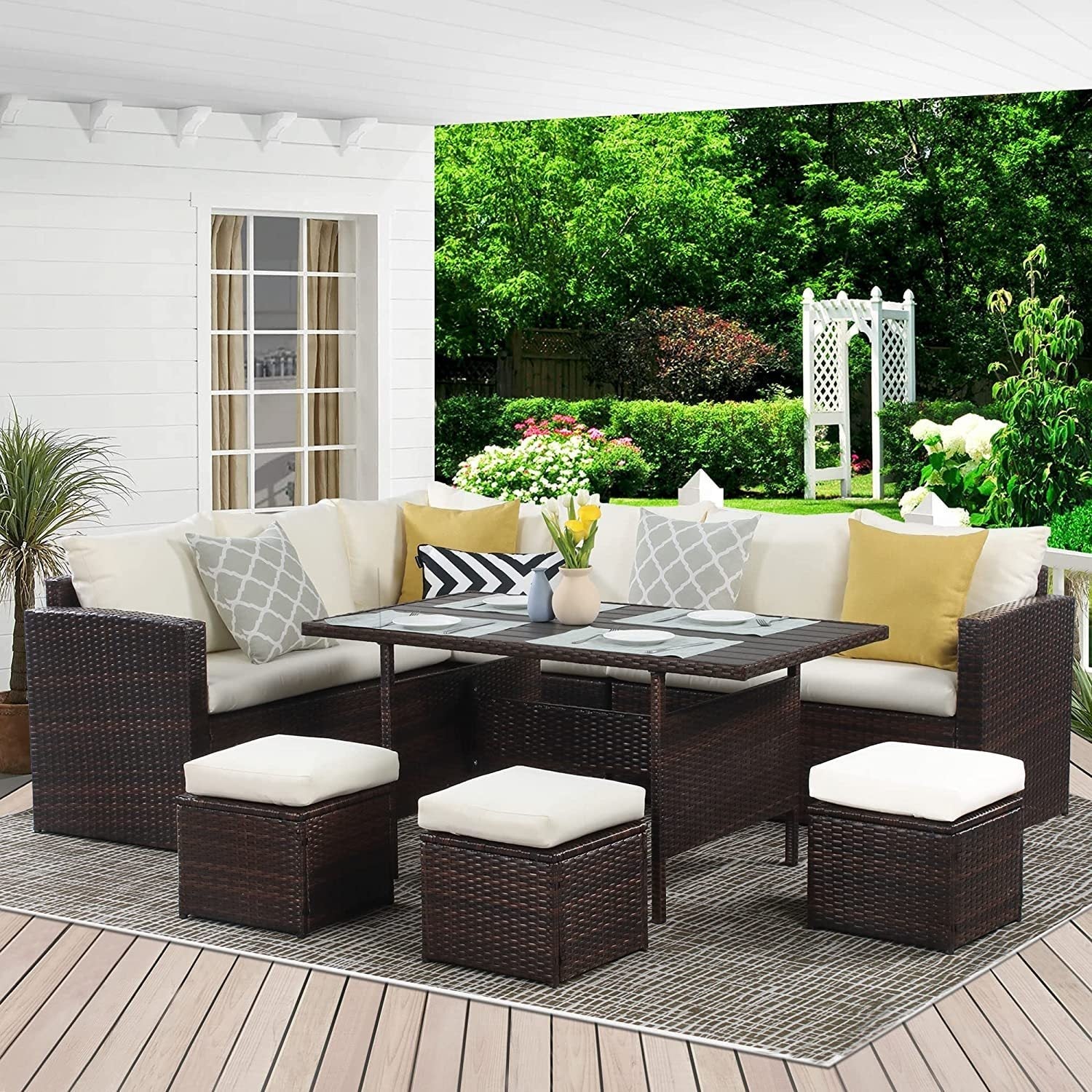 7 - Pieces PE Rattan Wicker Patio Dining Sectional Cushions Sofa Set with Ivory cushions - Tuesday Morning - Outdoor Furniture Sets