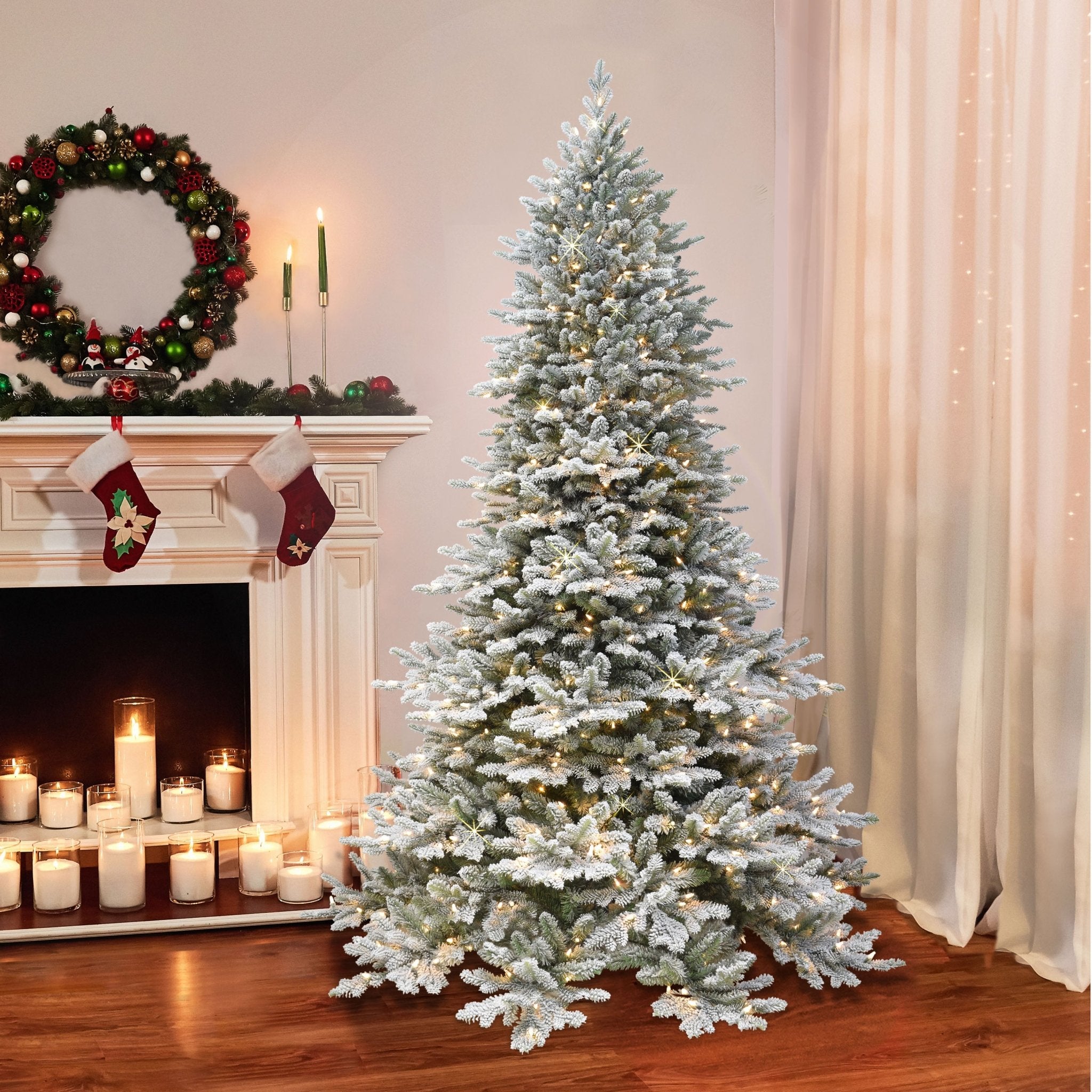 7.5 ft Flocked Royal Majestic Douglas Fir Downswept Artificial Christmas Tree, On/Off Foot Pedal, Sure - Lit Pole®, 800 UL Clear Lights, Metal Stand, Green - Tuesday Morning - Faux Trees