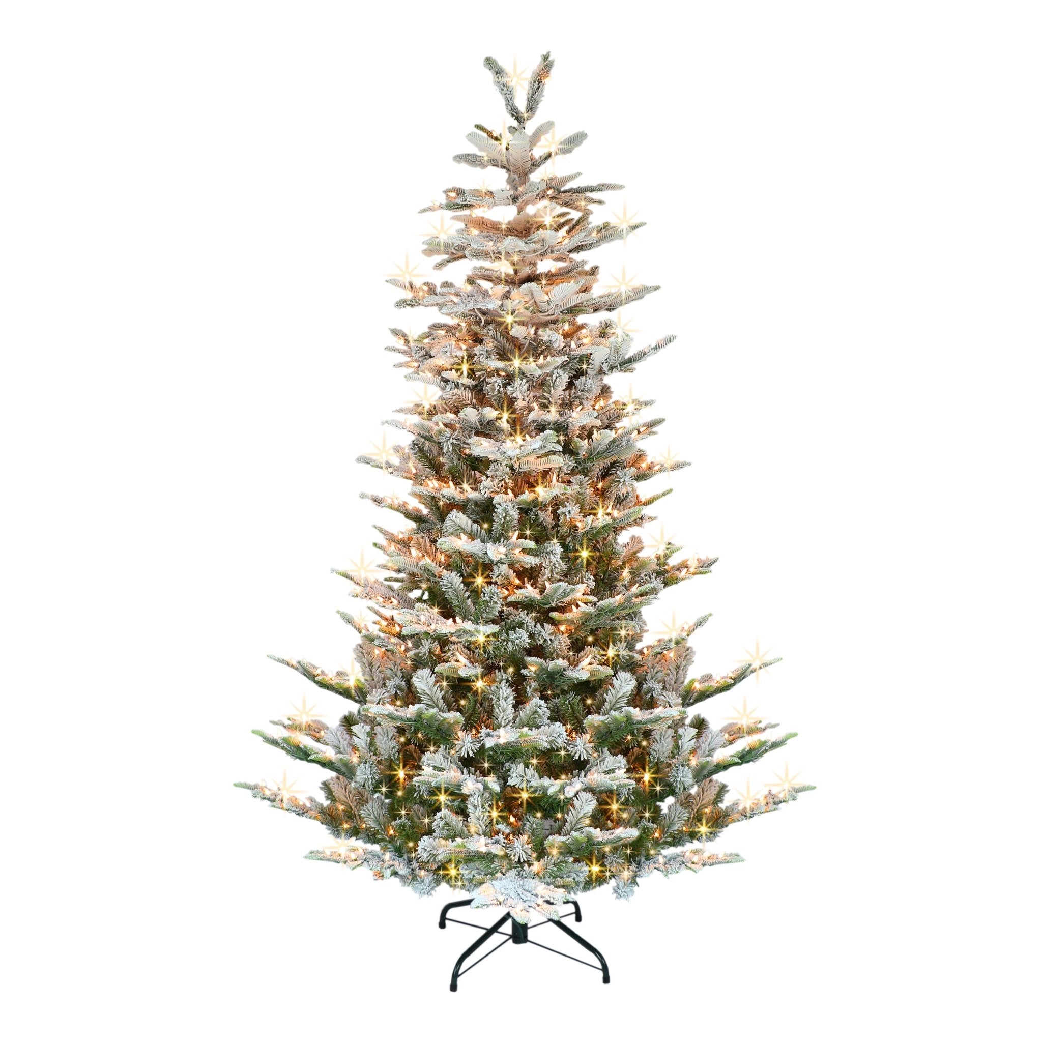 7.5 ft Pre - Lit Aspen Fir Flocked Artificial Christmas Tree with 700 UL Clear Lights, On/Off Foot Pedal, Metal Stand, Green - Tuesday Morning - Faux Trees