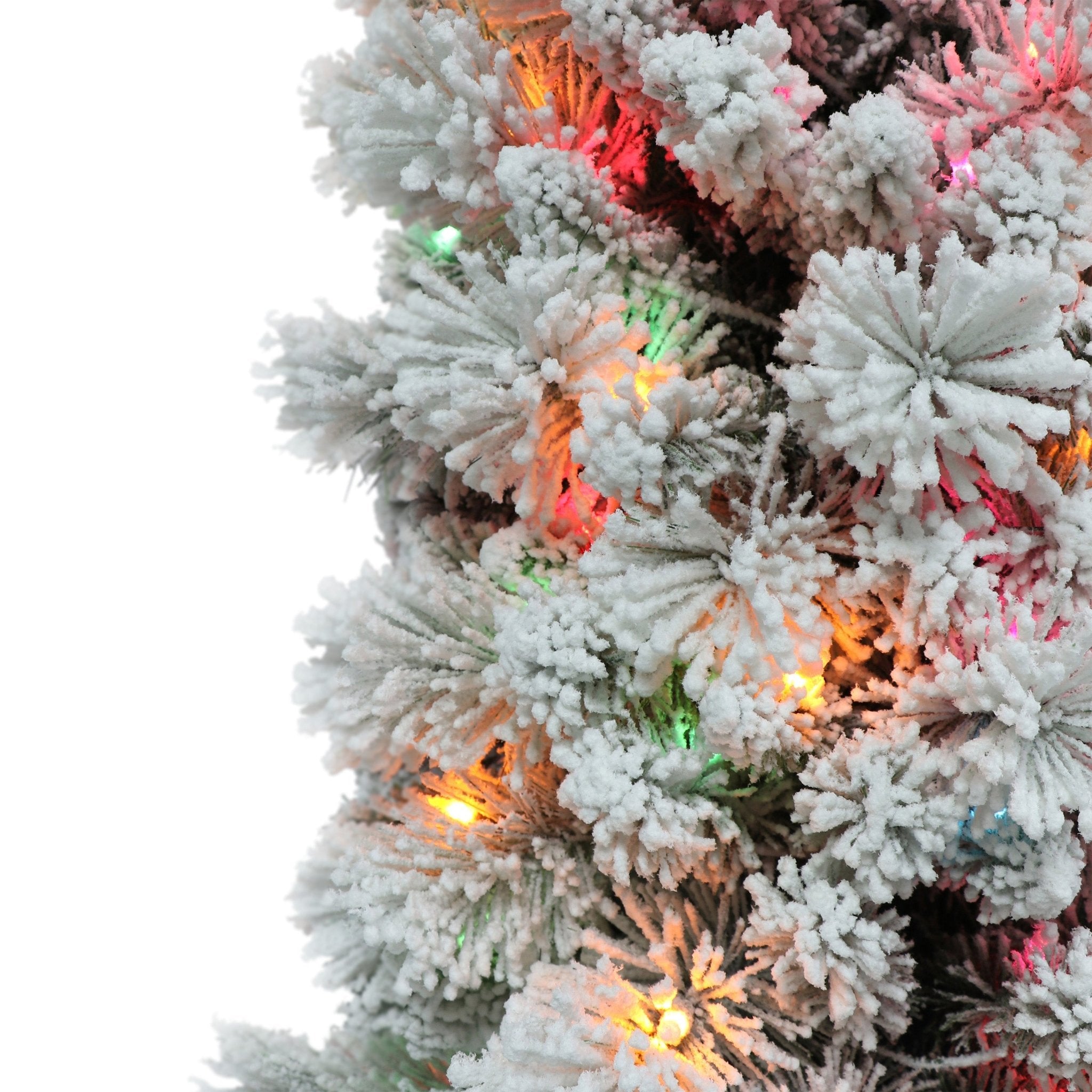 7.5 ft Pre - Lit Flocked Portland Pine Artificial Pencil Tree 496 Tips 350 Multi - Color Lights - Tuesday Morning - Faux Trees