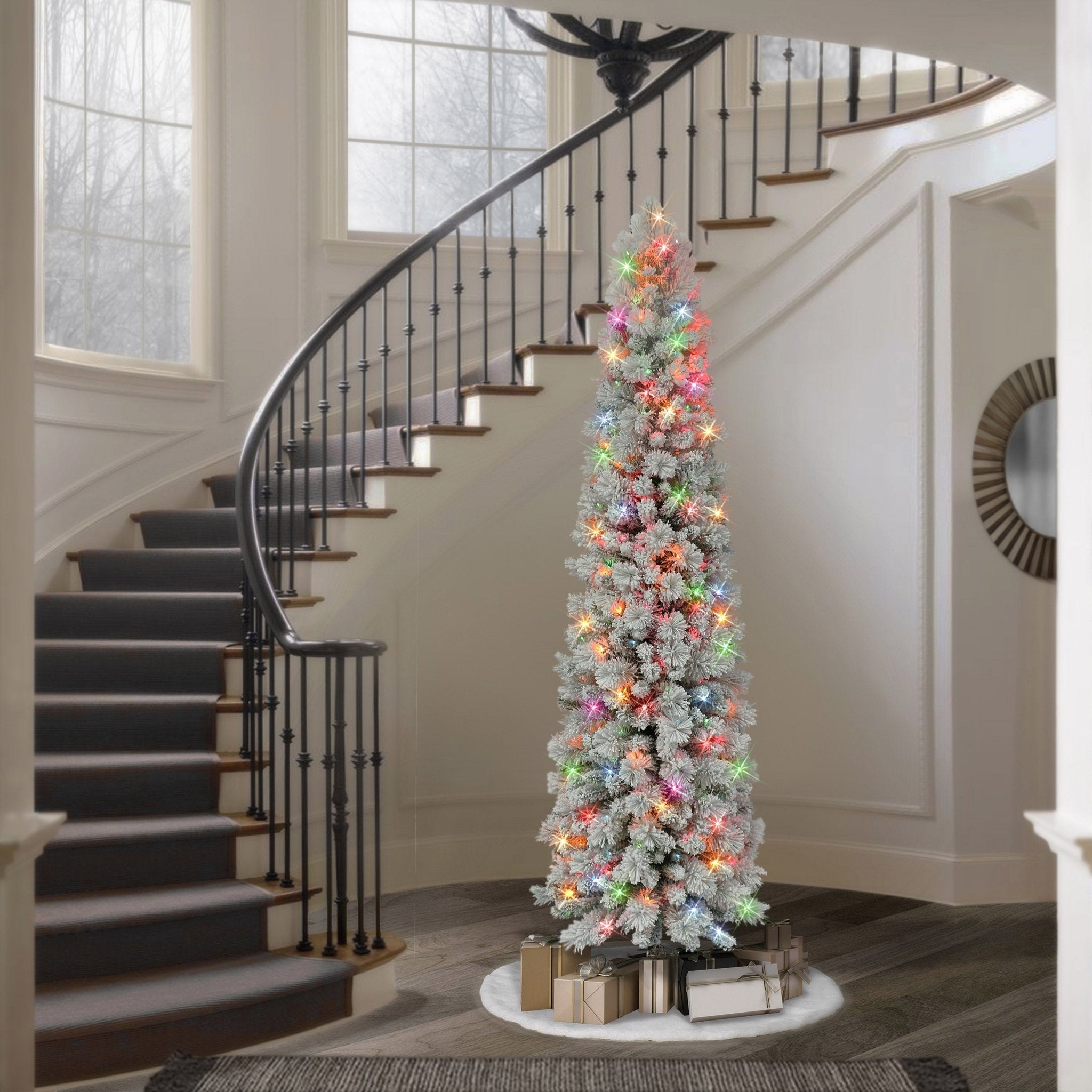 7.5 ft Pre - Lit Flocked Portland Pine Artificial Pencil Tree 496 Tips 350 Multi - Color Lights - Tuesday Morning - Faux Trees