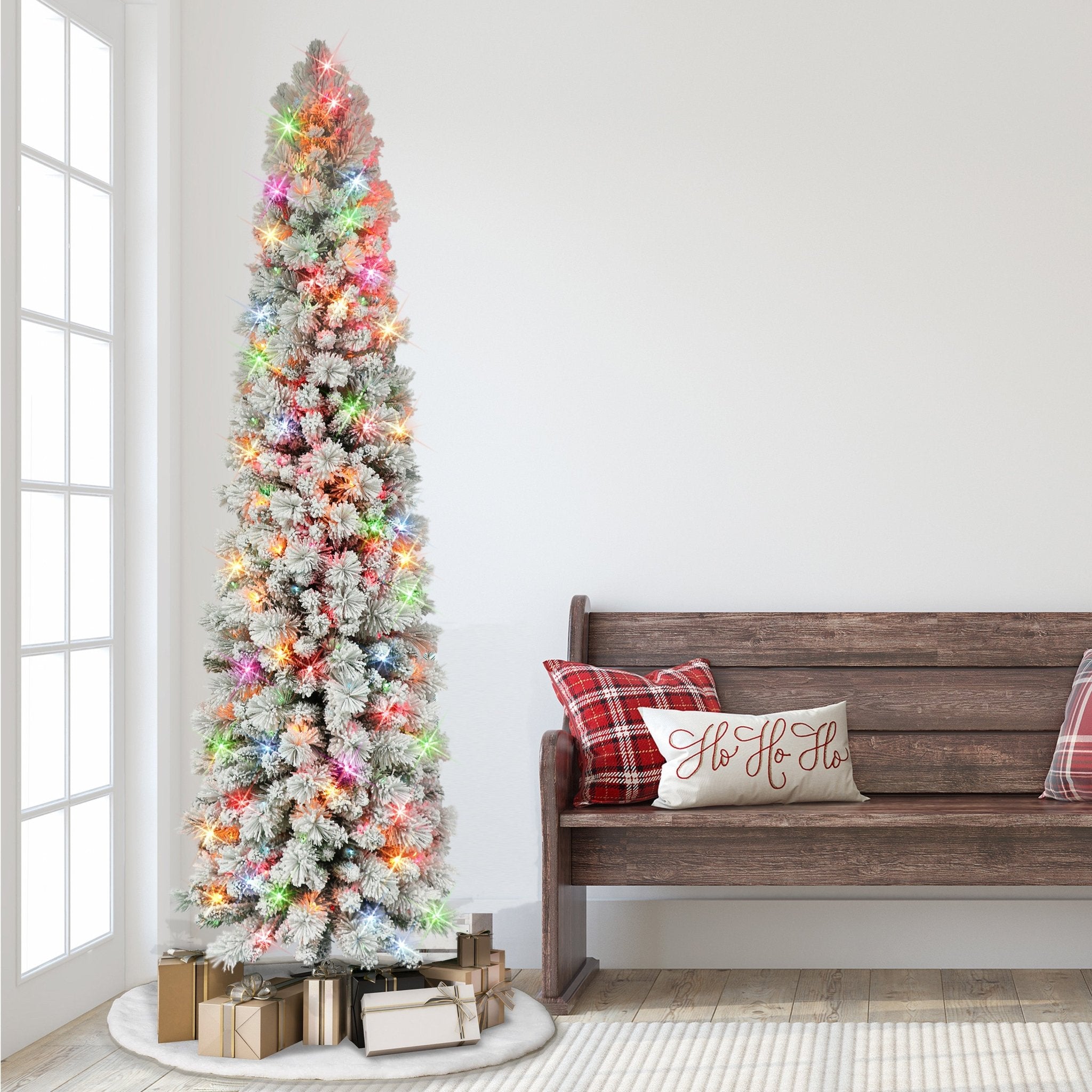 7.5 ft Pre - Lit Flocked Portland Pine Artificial Pencil Tree 496 Tips 350 Multi - Color Lights - Tuesday Morning - Faux Trees