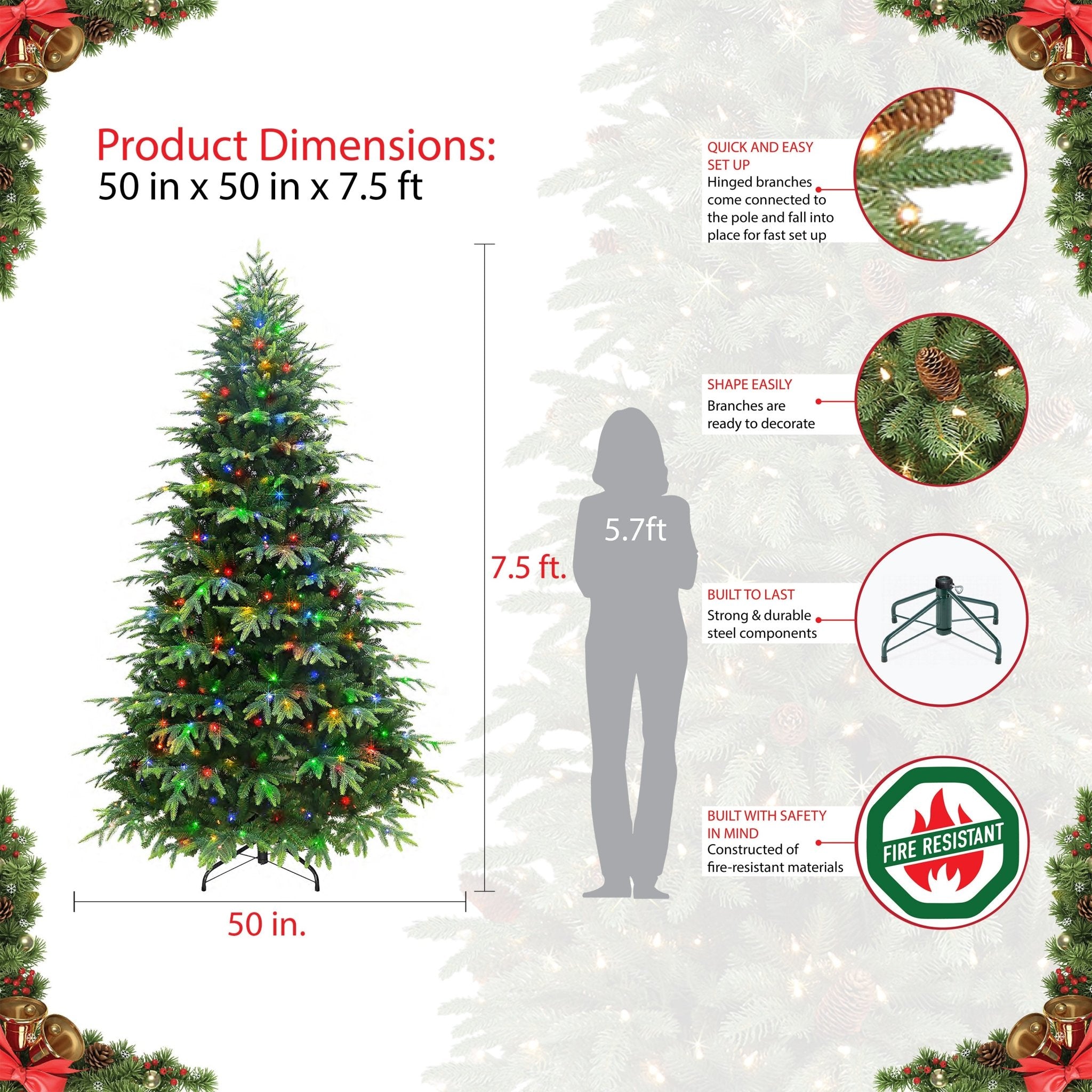 7.5 ft Pre - Lit Rutland Spruce Artificial Christmas Tree with 700 UL Dual Color LED Rice Lights, Metal Stand, Green - Tuesday Morning - Faux Trees