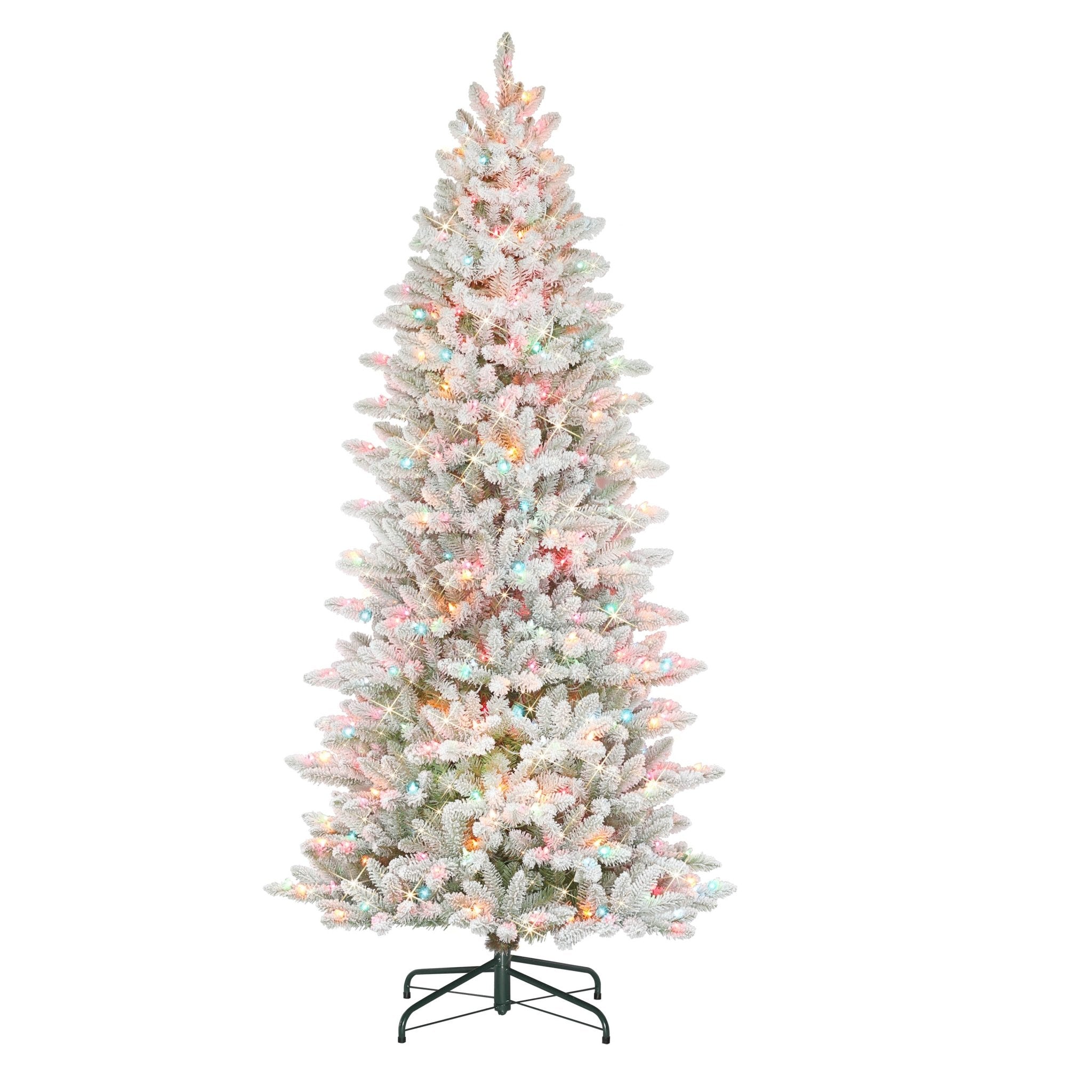 7.5 ft Pre - Lit Slim Flocked Fraser Fir Artificial Christmas Tree with 500 UL Multi - Color Lights, Metal Stand, Green - Tuesday Morning - Faux Trees