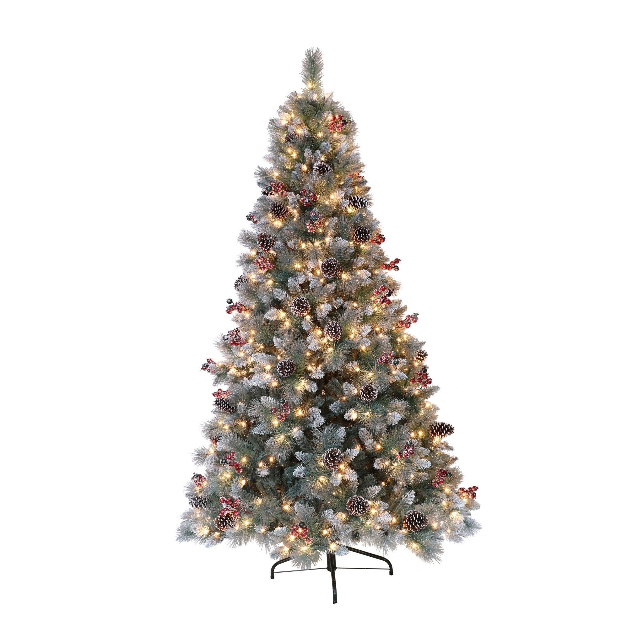 7.5 ft Pre - Lit Sterling Pine Artificial Christmas Tree with 600 UL Clear Lights, Pinecones, Red Berries and Silver Glitter Accents, Metal Stand, Blue/Green - Tuesday Morning - Faux Trees