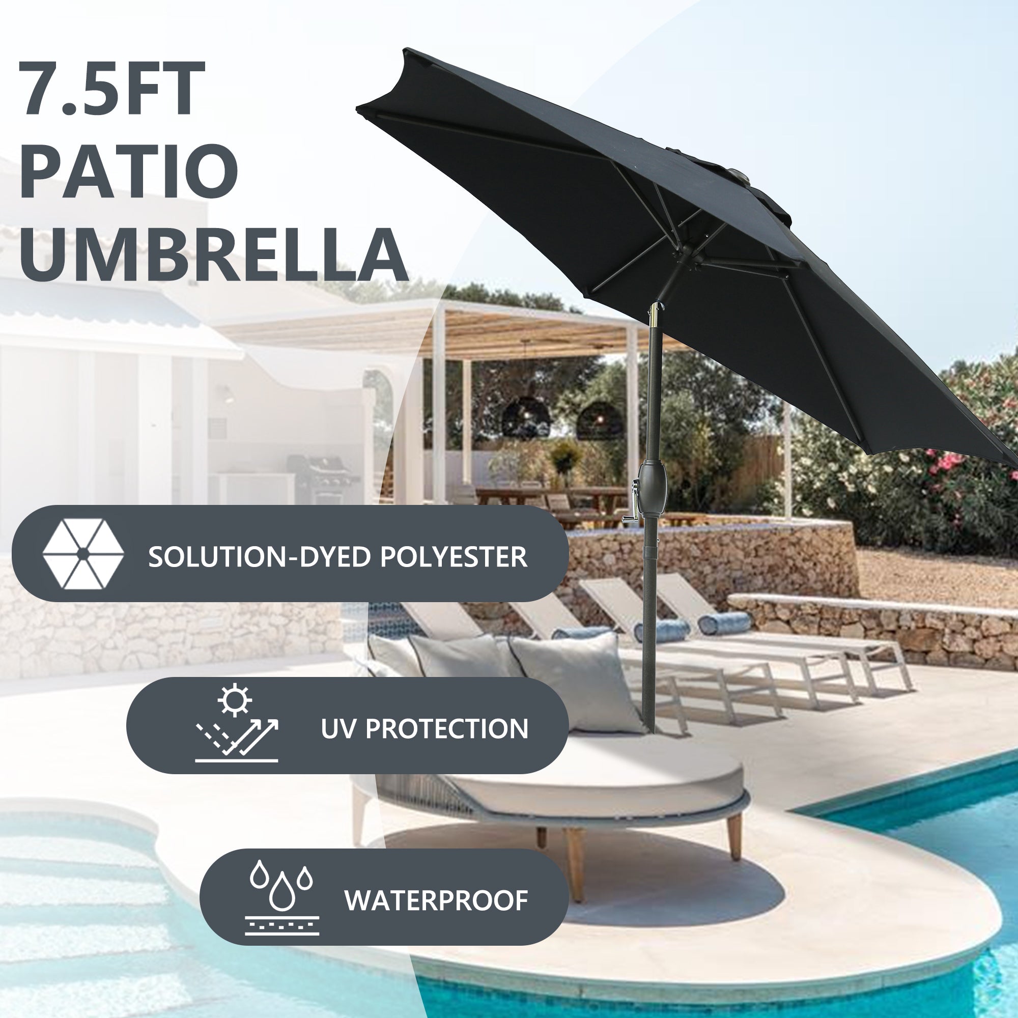 7.5ft Patio Umbrella with Crank and Push Button Tilt, Outdoor Table Market Umbrella with Aluminum Pole - Black - Tuesday Morning - Patio Umbrellas & Bases